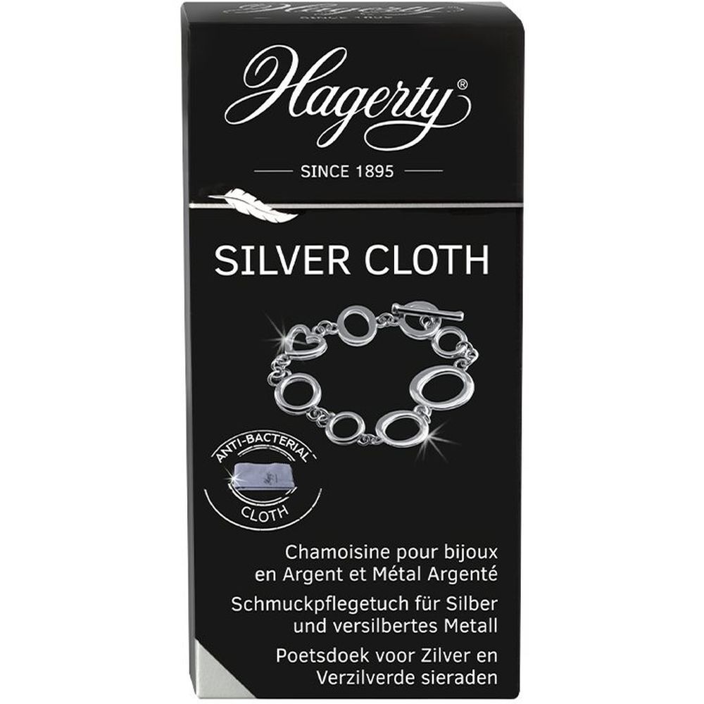 Boîte noire avec logo "Hagerty" et texte "Silver Cloth". Image d'un bracelet. Tissu antibactérien.