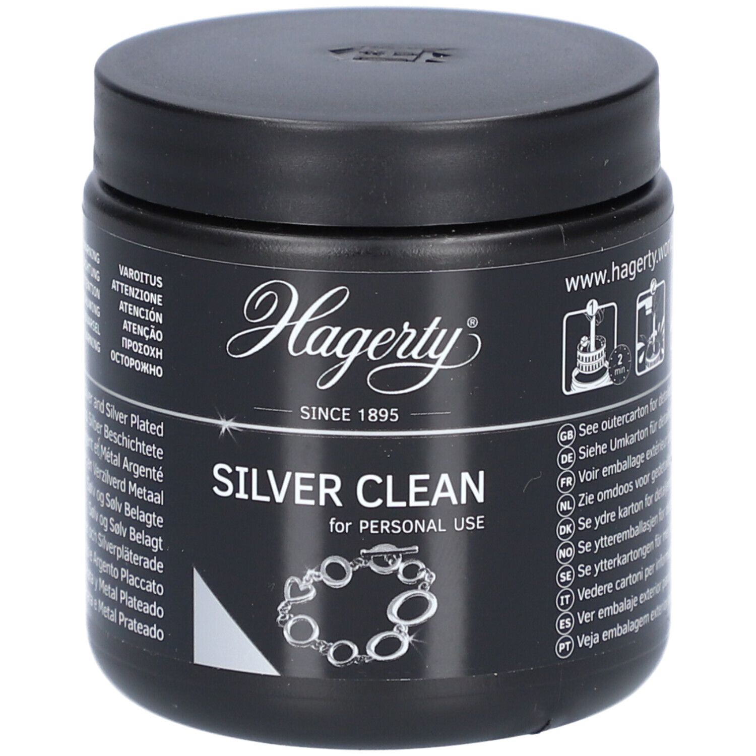 Boîte noire avec couvercle. Inscription Hagerty Silver Clean. Illustration d'un bracelet. Texte multilingue.