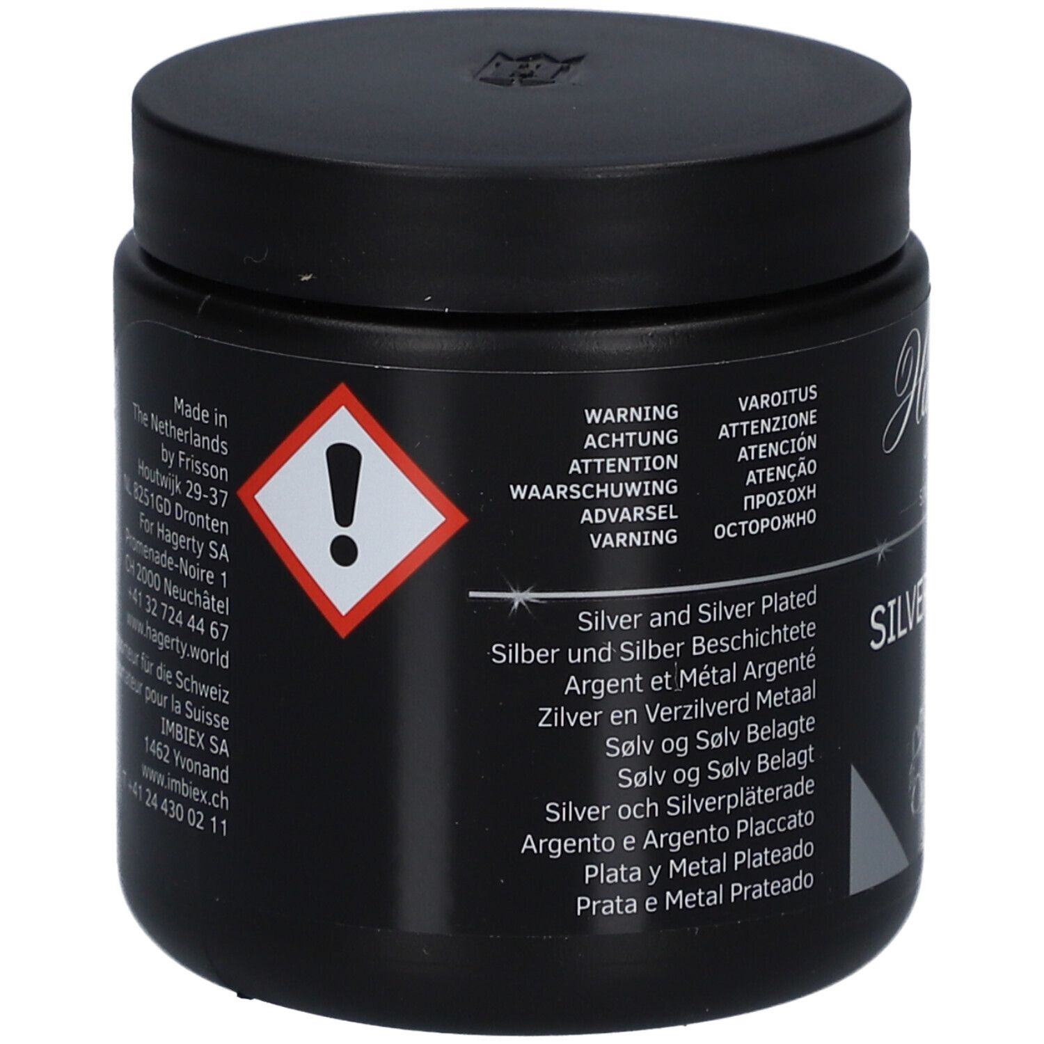 Boîte noire. Inscription multilingue: Silver and Silver Plated. Avertissement. Adresse du fabricant.