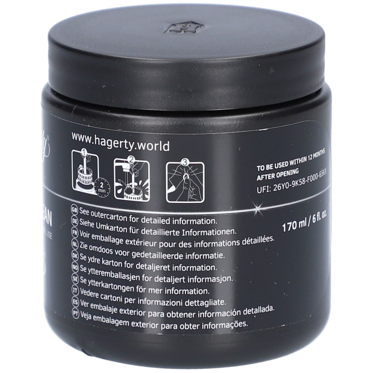 Boîte noire. Inscription: www.hagerty.world. Illustrations d'utilisation. Date de péremption.