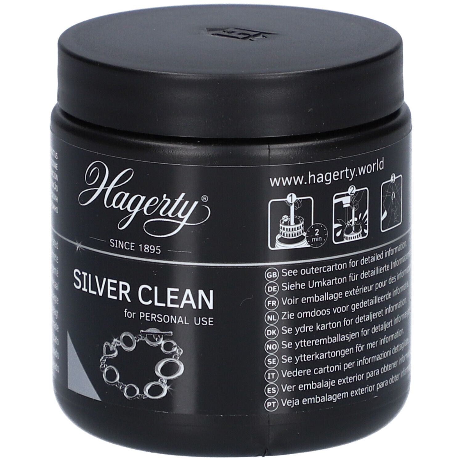 Boîte noire avec couvercle. Inscription Hagerty Silver Clean. Illustration d'un bracelet. Texte multilingue.