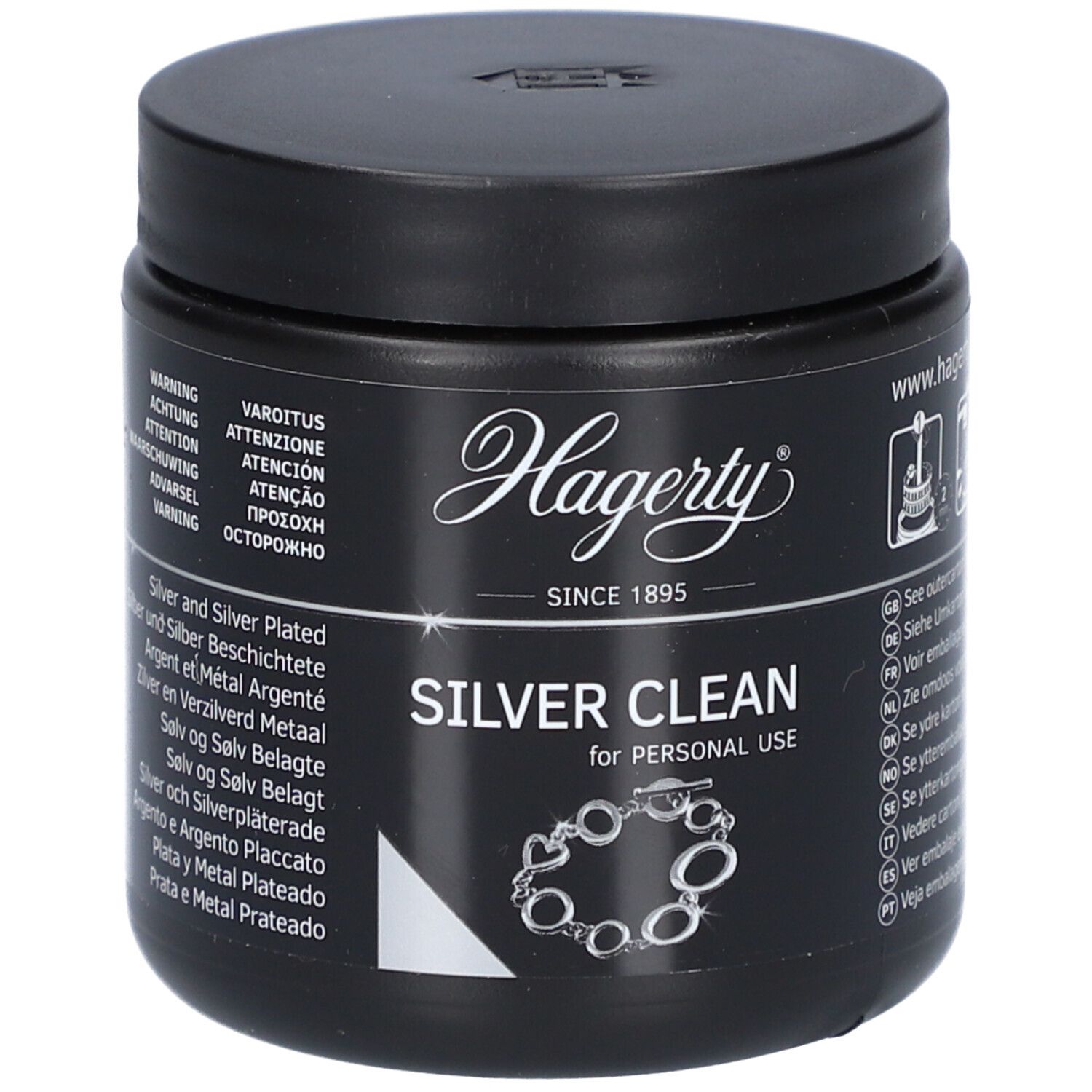 Boîte noire avec couvercle. Inscription Hagerty Silver Clean. Illustration d'un bracelet. Texte multilingue.