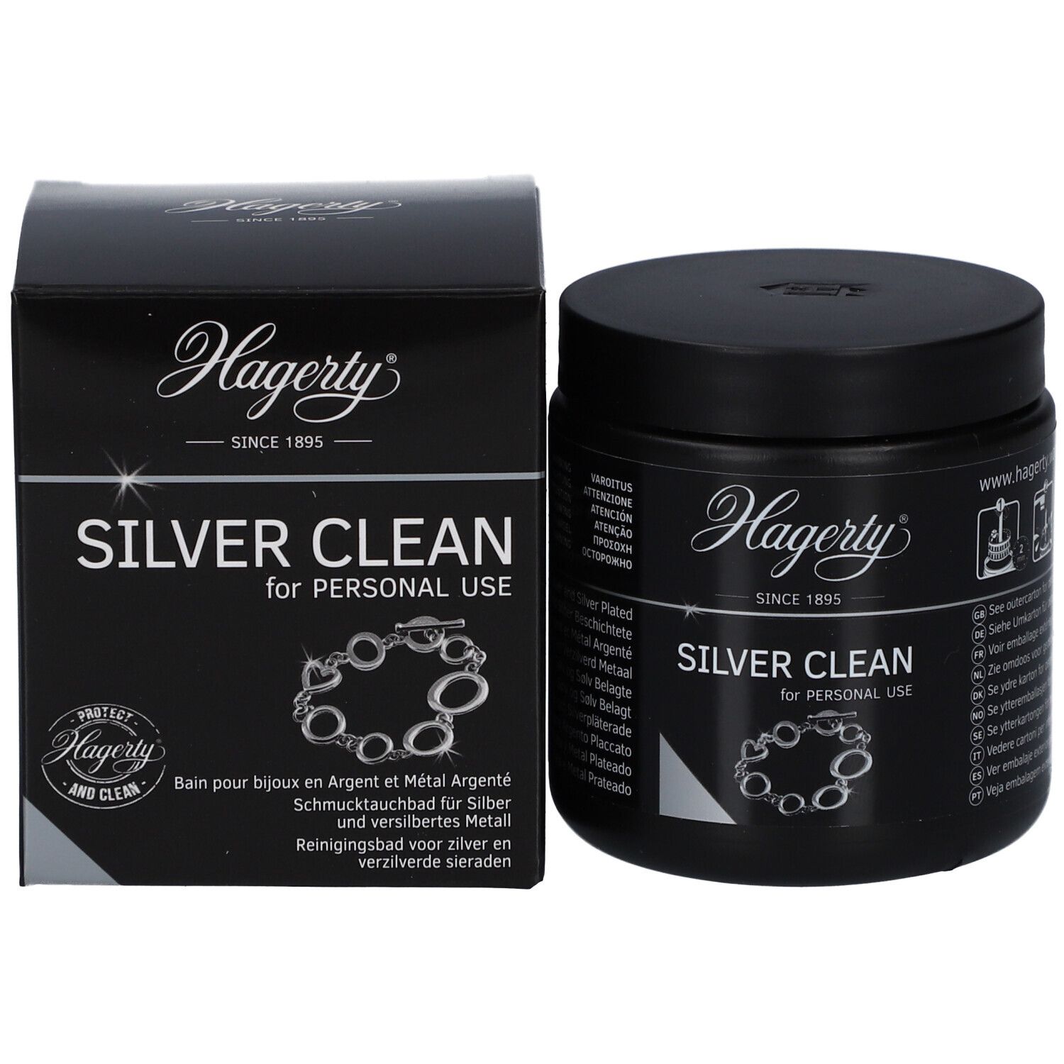 Boîte noire et emballage. Inscription Hagerty Silver Clean. Illustration d'un bracelet. Texte multilingue.