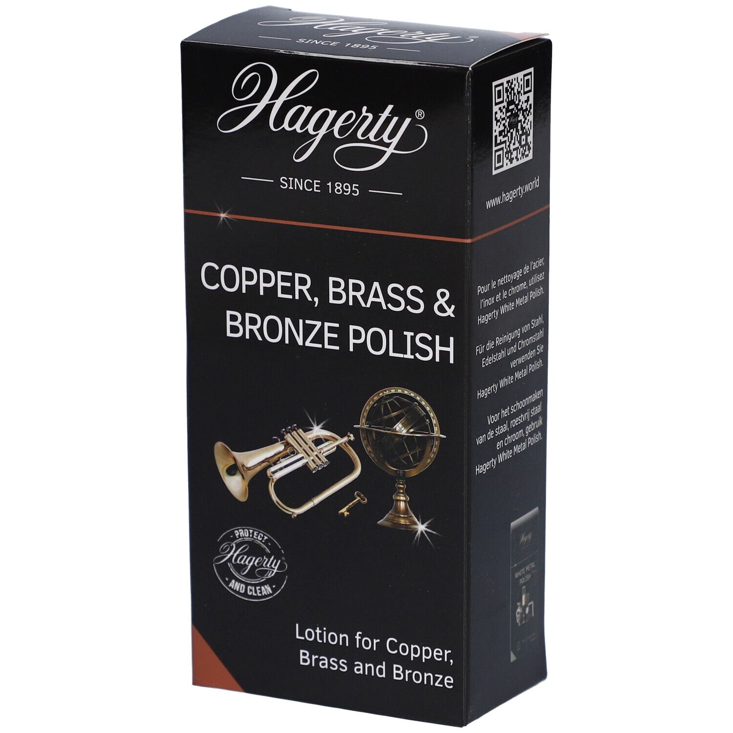 Emballage noir Hagerty. Texte: Copper, Brass & Bronze Polish. Illustration d'une trompette et d'un globe.