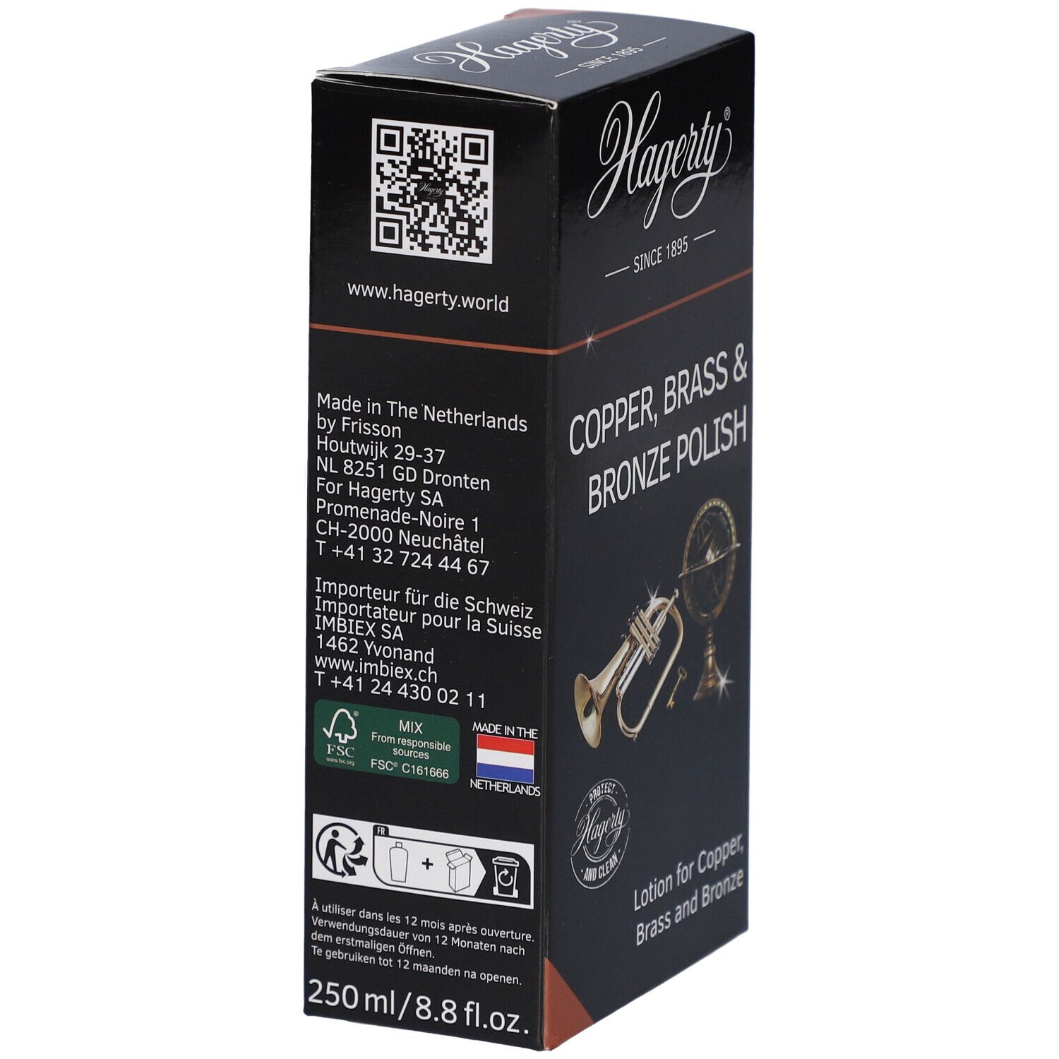 Emballage noir Hagerty. Texte: Copper, Brass & Bronze Polish. Code QR et informations de contact.