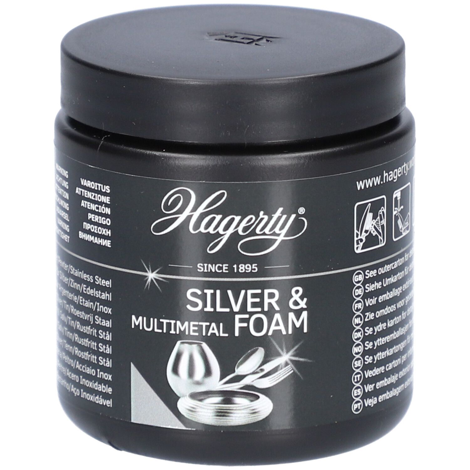 Pot noir avec couvercle. Inscription Hagerty, Silver & Multimetal Foam. Illustration de couverts et de récipients.