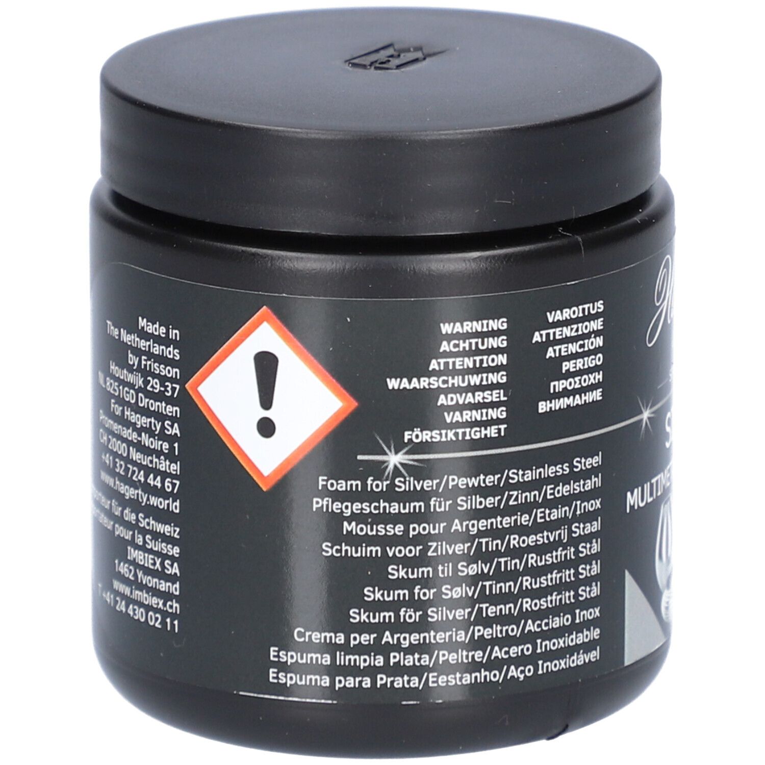 Pot noir avec couvercle. Inscription Hagerty. Avertissement. Noms de produits en plusieurs langues.