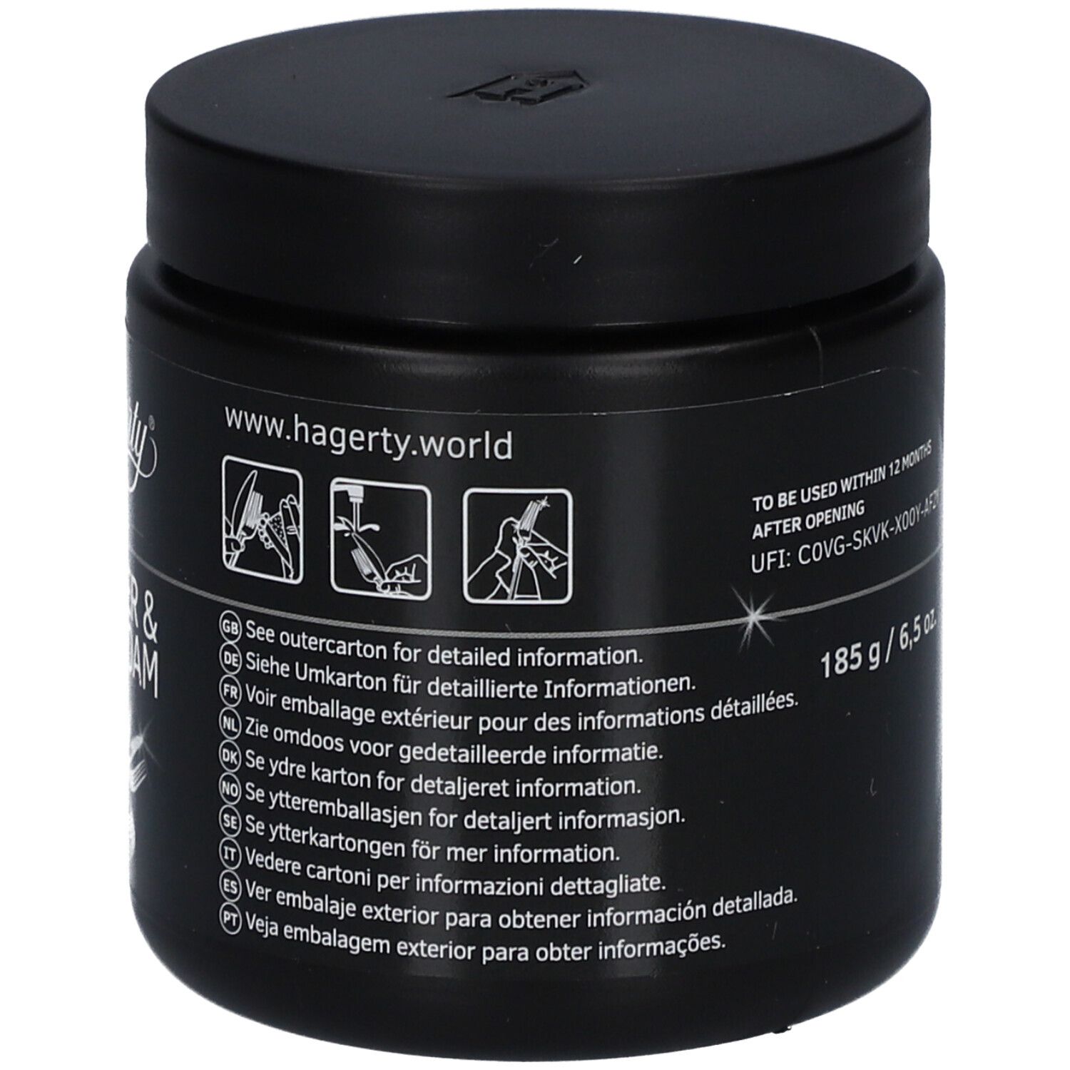 Pot noir avec couvercle. Inscription Hagerty. Adresse du site web. Instructions d'utilisation.