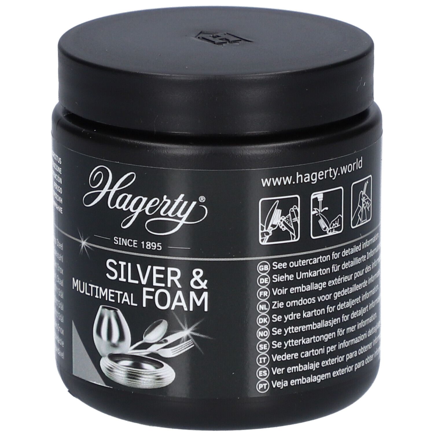 Pot noir avec couvercle. Inscription Hagerty, Silver & Multimetal Foam. Illustration de couverts et de récipients.