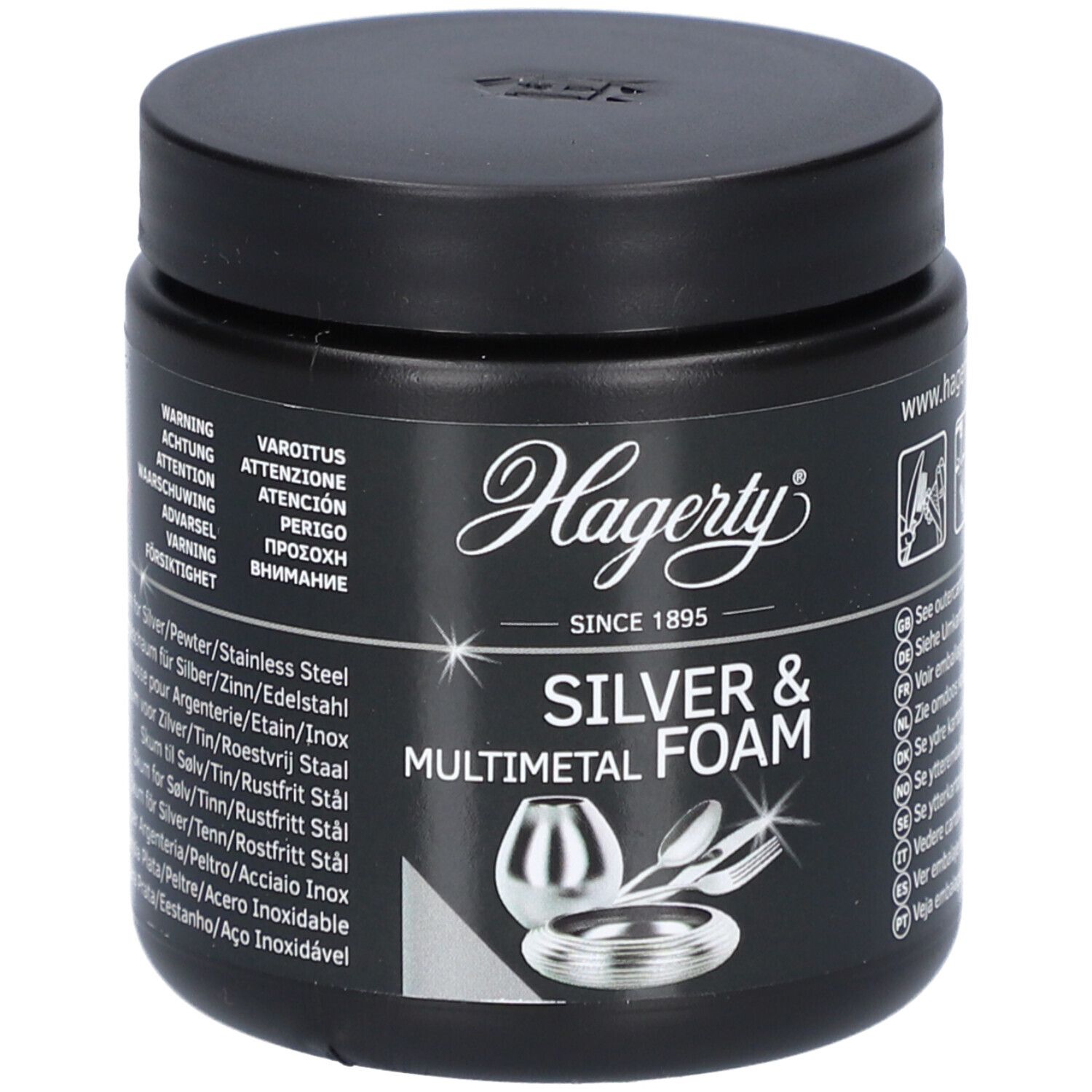 Pot noir avec couvercle. Inscription Hagerty, Silver & Multimetal Foam. Noms de produits en plusieurs langues.