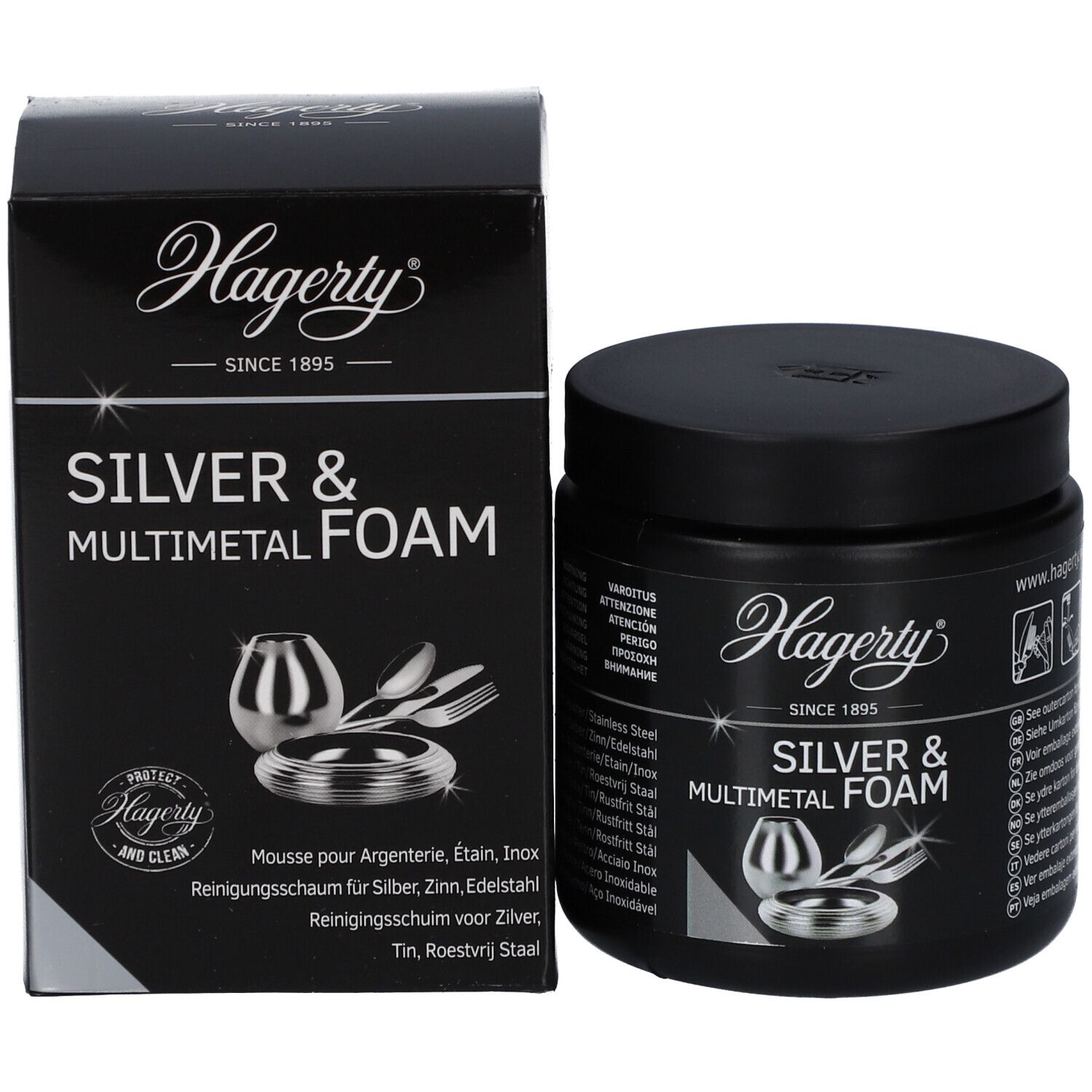 Emballage du produit. Boîte et pot noirs. Inscription Hagerty, Silver & Multimetal Foam. Illustration de couverts.