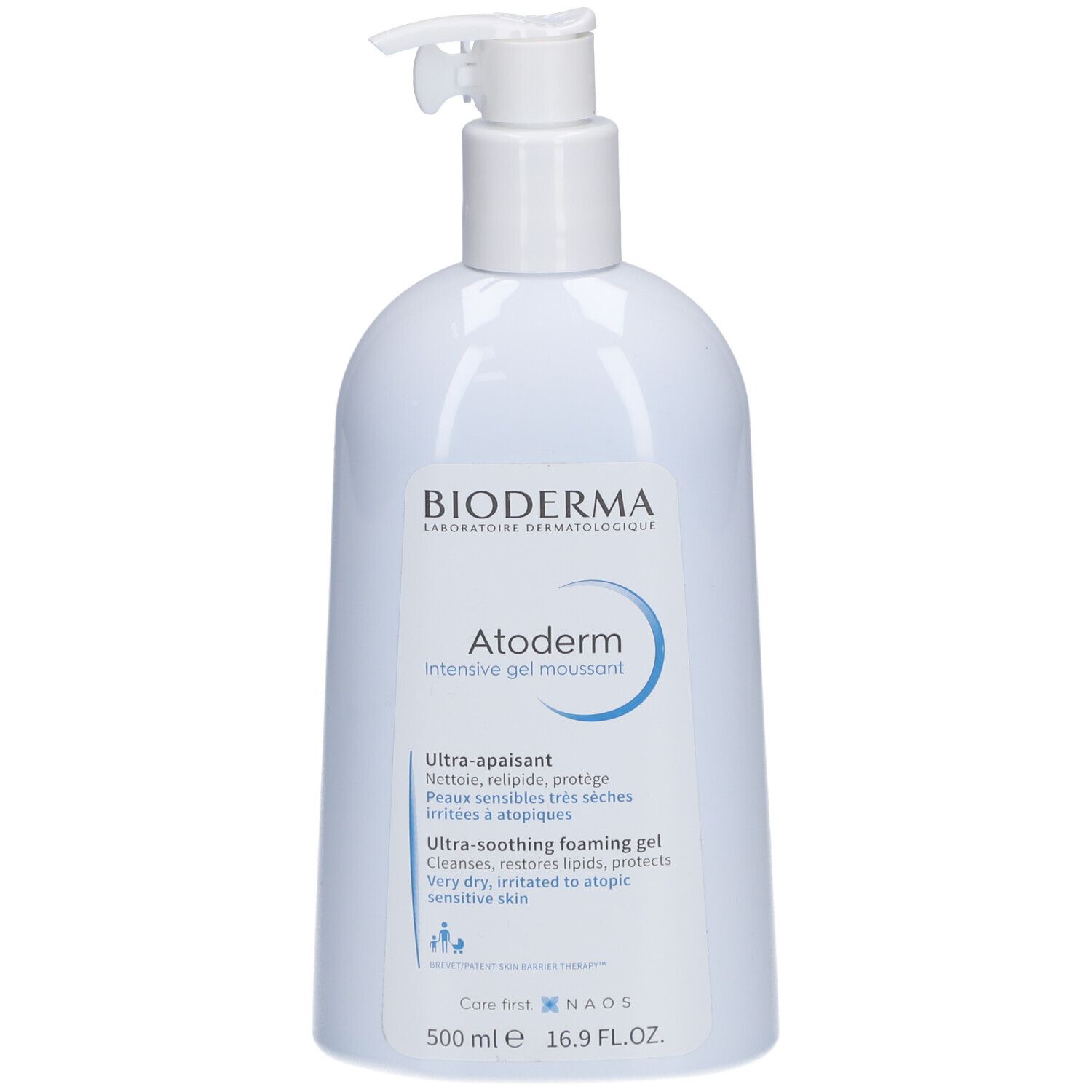 Flacon blanc avec pompe. Inscription: Bioderma, Atoderm, gel moussant intensif. 500 ml.