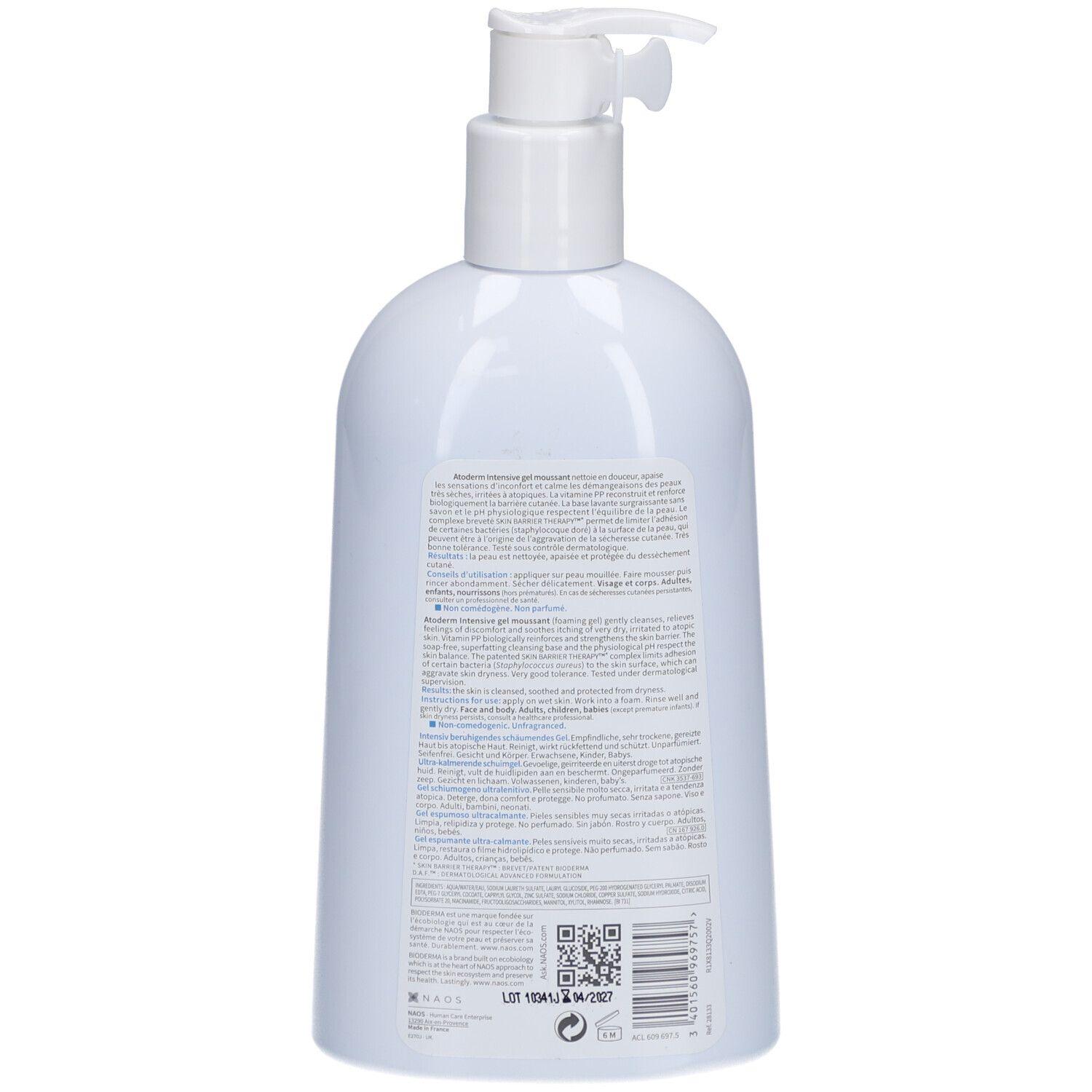 Dos du flacon blanc. Texte multilingue. Code-barres et QR code en bas.