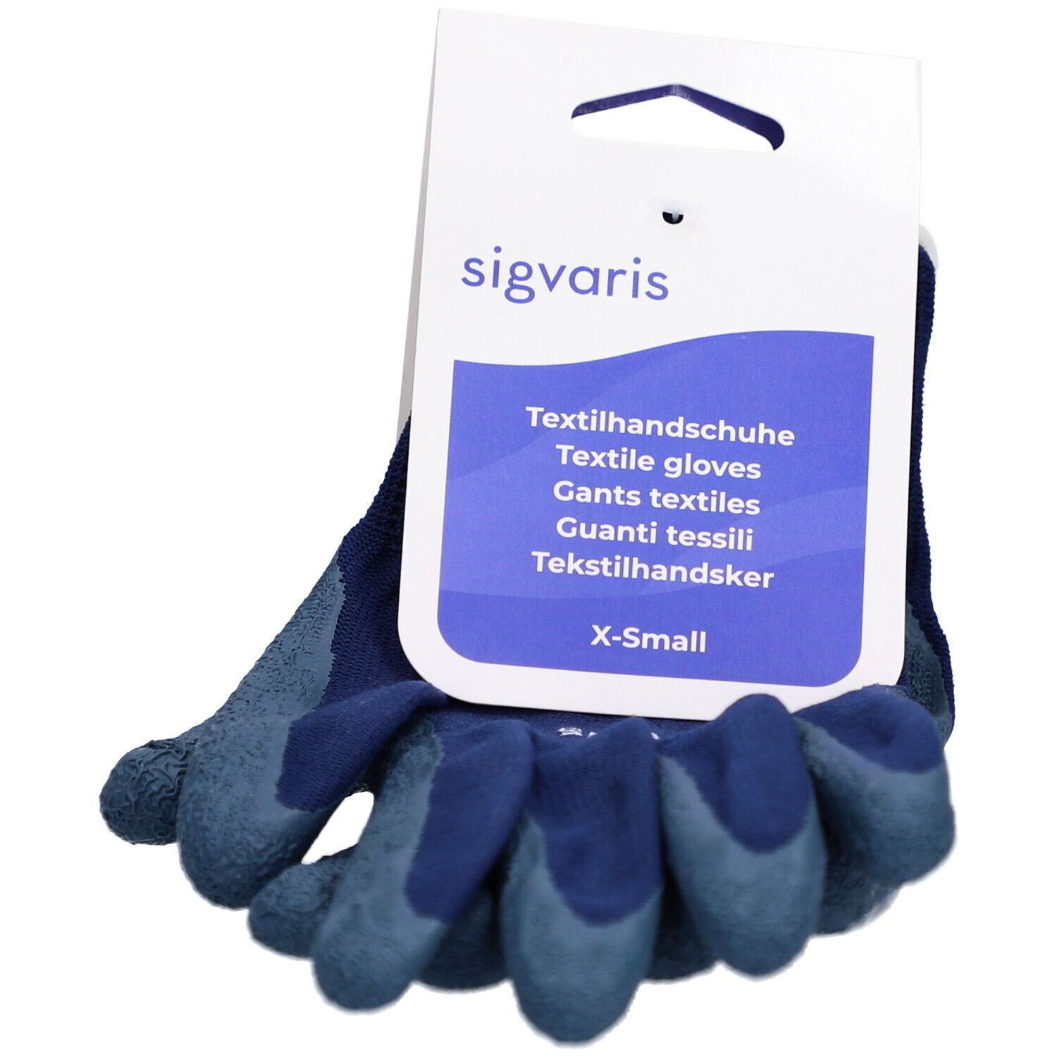 Gants textiles SIGVARIS bleus, taille XS. Emballage avec nom du produit et indication de taille.