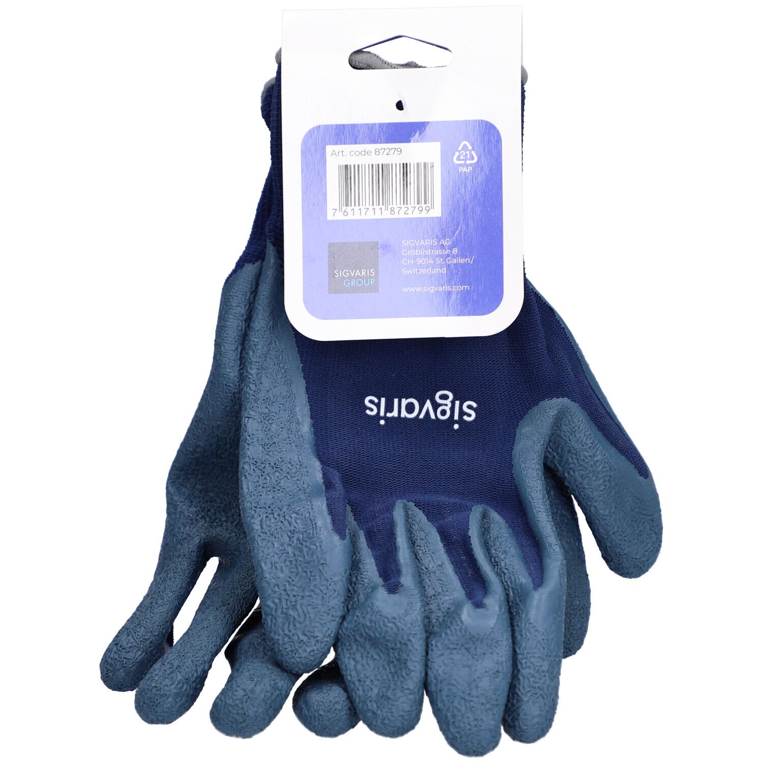 Gants textiles bleus avec étiquette blanche. Étiquette avec numéro d'article et marque Sigvaris. Gants emballés.