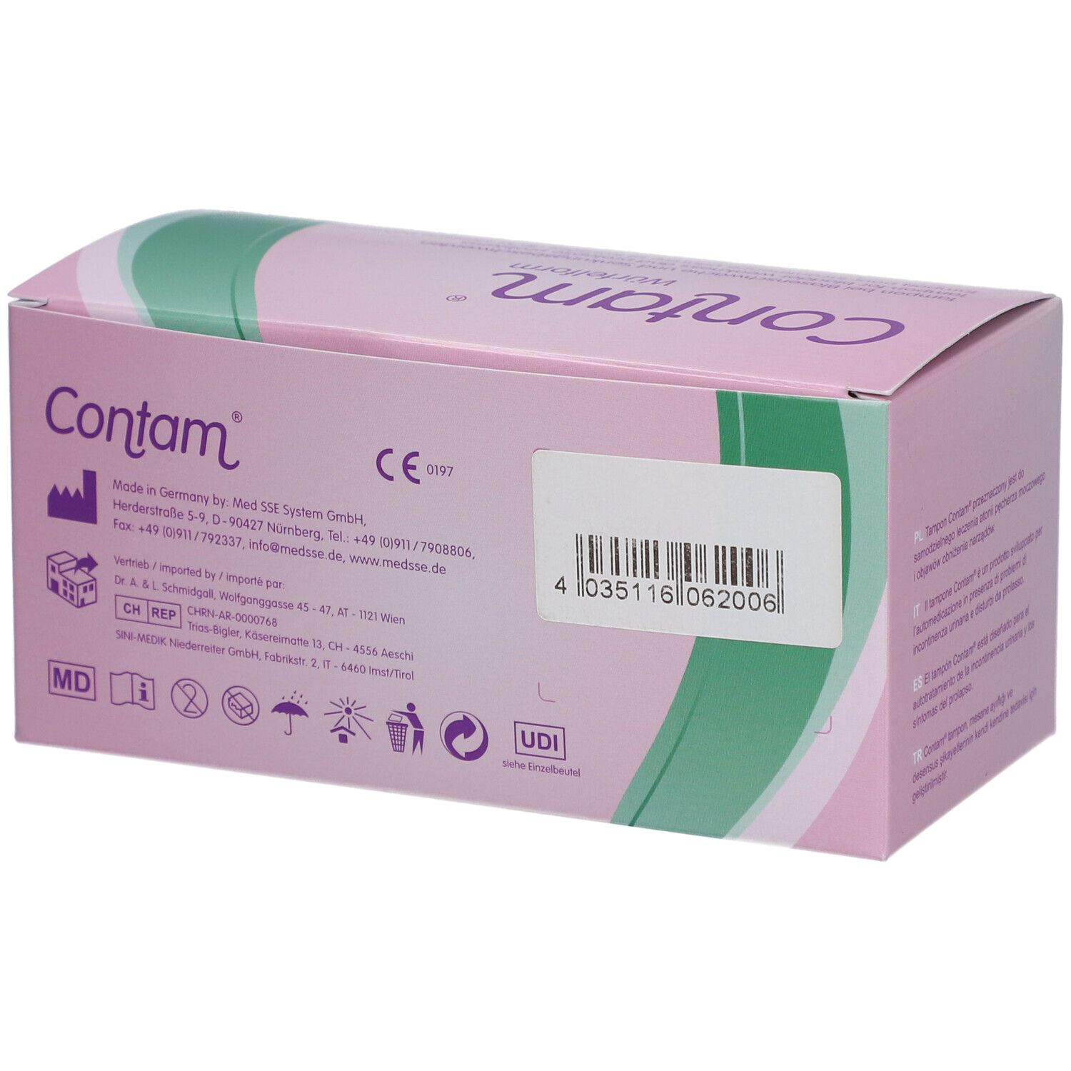 Dos de la boîte rose avec "Contam" et "Würfelform". Informations fabricant et marquage CE.