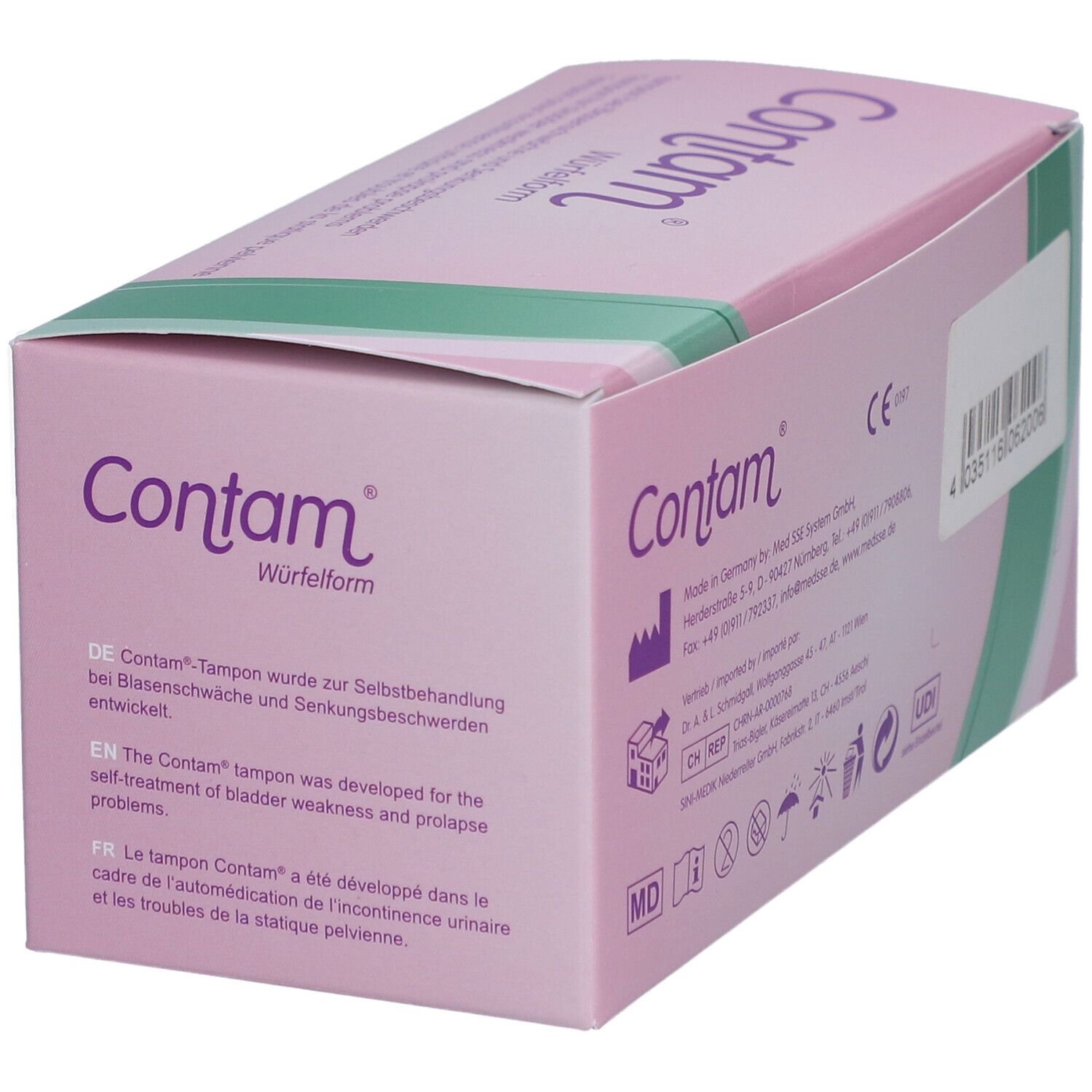 Boîte rose avec "Contam" et "Würfelform". Textes en allemand, anglais et français. Tampon.