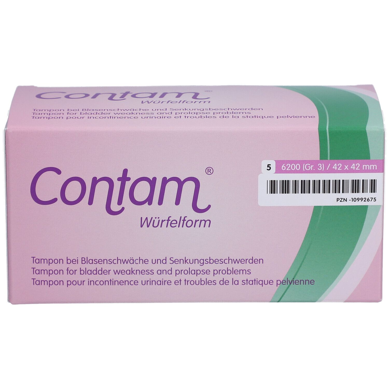Boîte rose avec "Contam" et "Würfelform". Taille 3, 42 x 42 mm. Tampon pour incontinence urinaire.