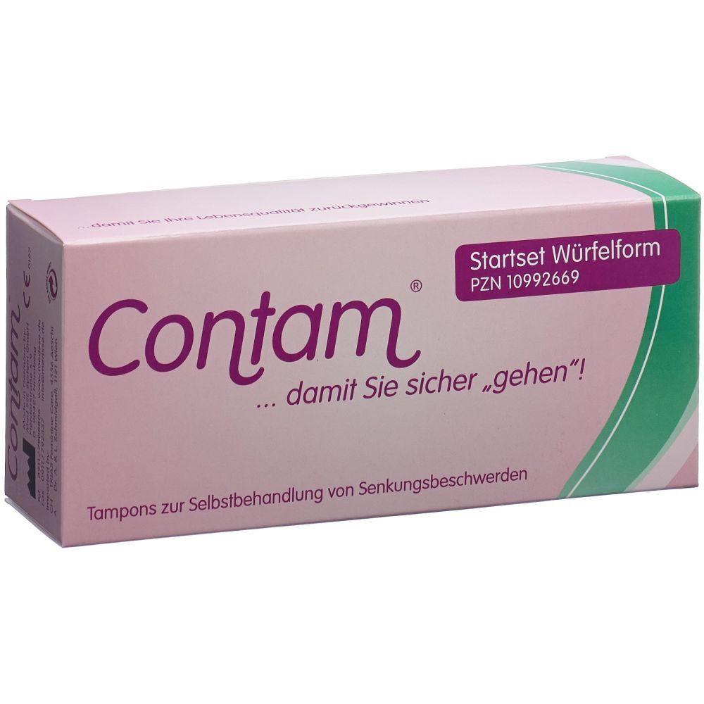 Boîte rose avec le mot "Contam". Texte : "...damit Sie sicher gehen !" et "Startset Würfelform".