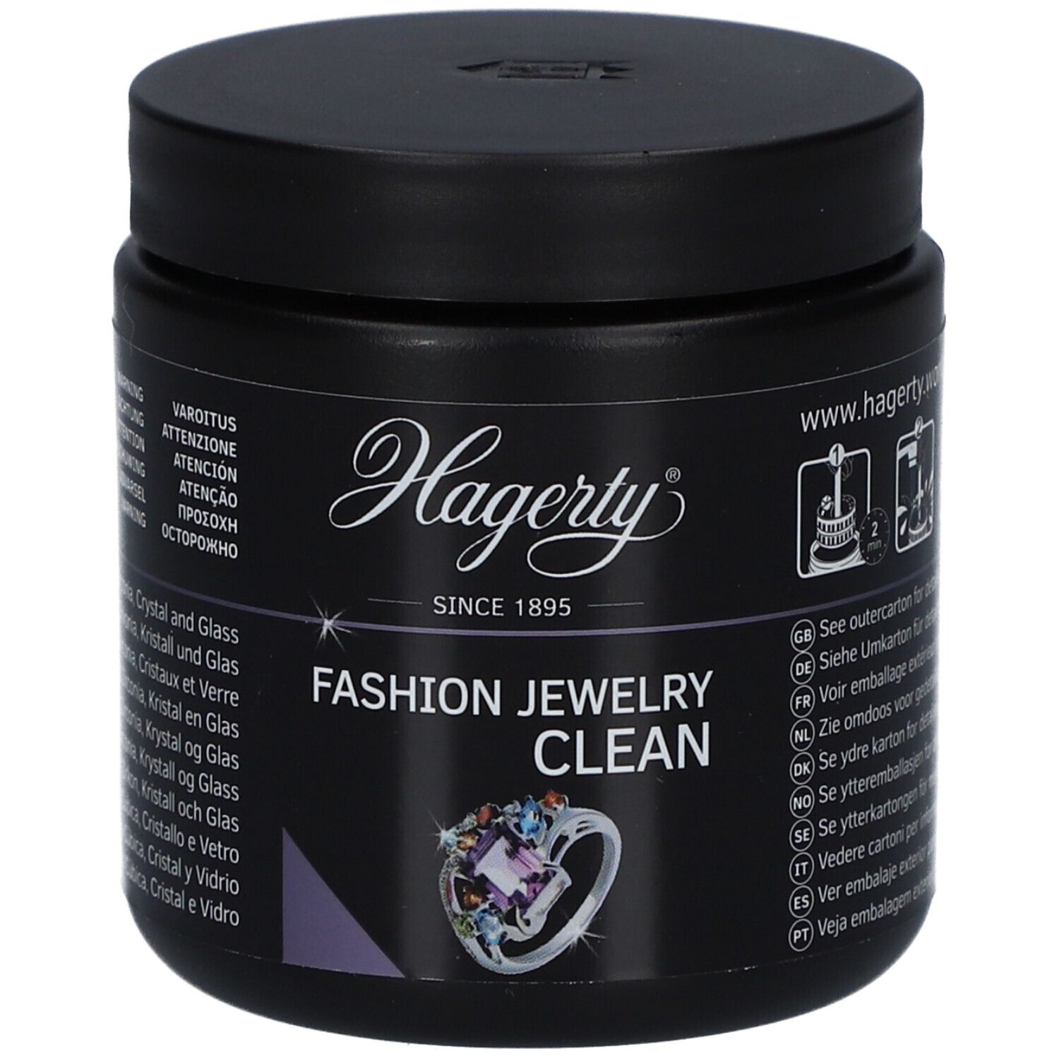 Boîte noire avec couvercle. Inscription: Hagerty, Fashion Jewelry Clean. Illustration d'une bague. Texte multilingue.