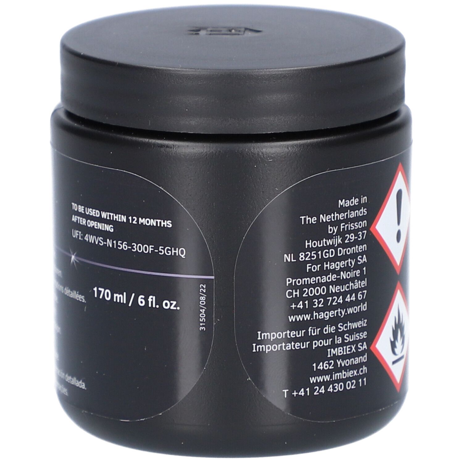 Boîte noire. Texte: 170 ml / 6 fl. oz. Date de péremption. Adresse et symbole d'avertissement.