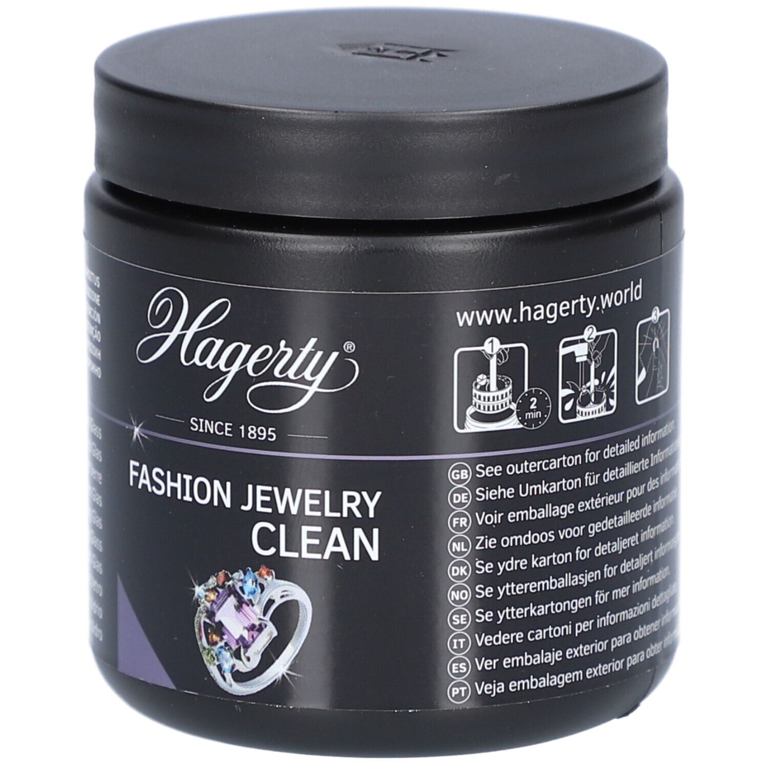 Boîte noire avec couvercle. Inscription: Hagerty, Fashion Jewelry Clean. Illustration d'une bague. Texte multilingue.