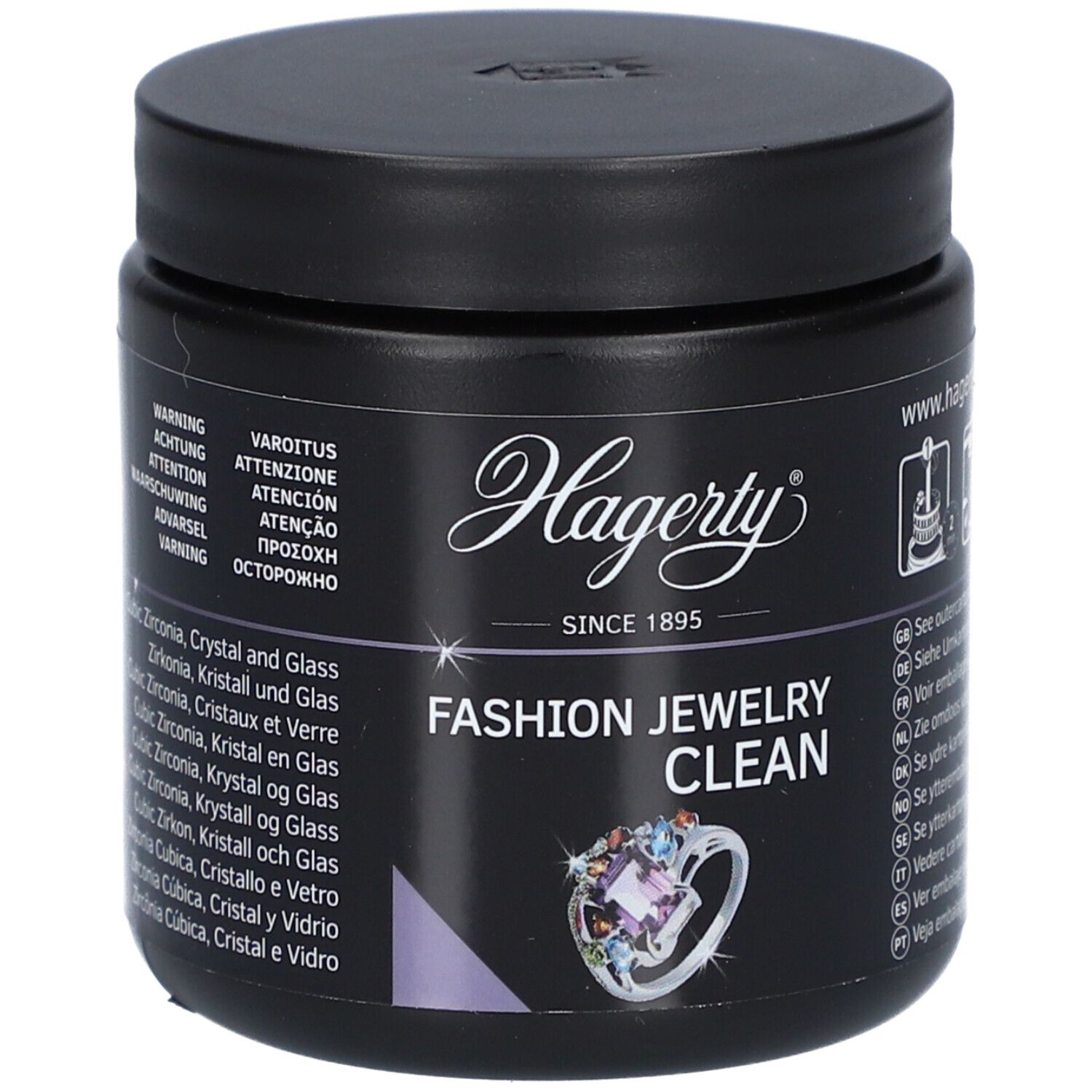 Boîte noire avec couvercle. Inscription: Hagerty, Fashion Jewelry Clean. Illustration d'une bague. Texte multilingue.