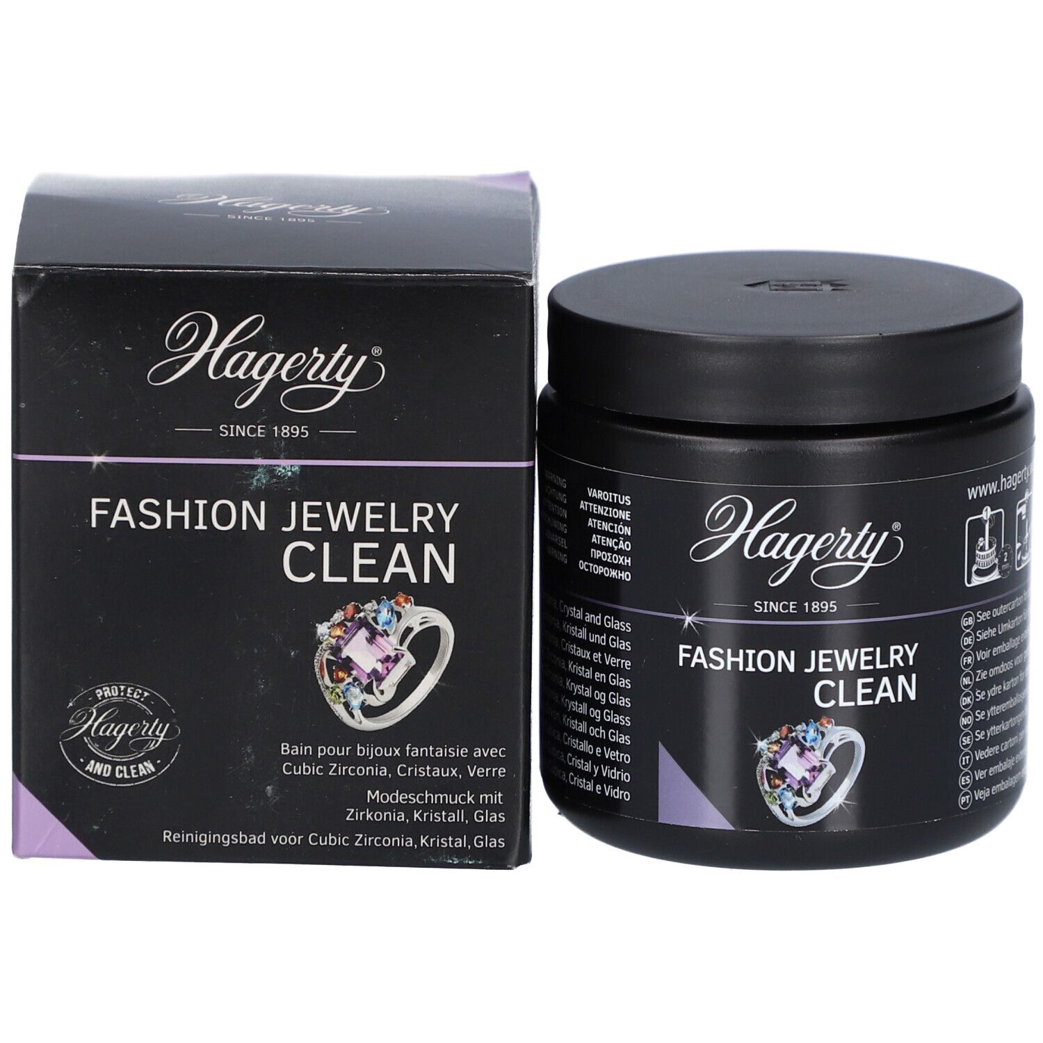 Boîte noire et emballage. Inscription: Hagerty, Fashion Jewelry Clean. Illustration d'une bague. Texte multilingue.