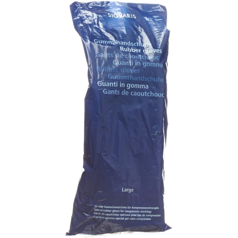 Emballage bleu avec nom du produit et indication de taille. Inscriptions multilingues : Gants de caoutchouc, Rubber gloves, Gummihandschuhe.