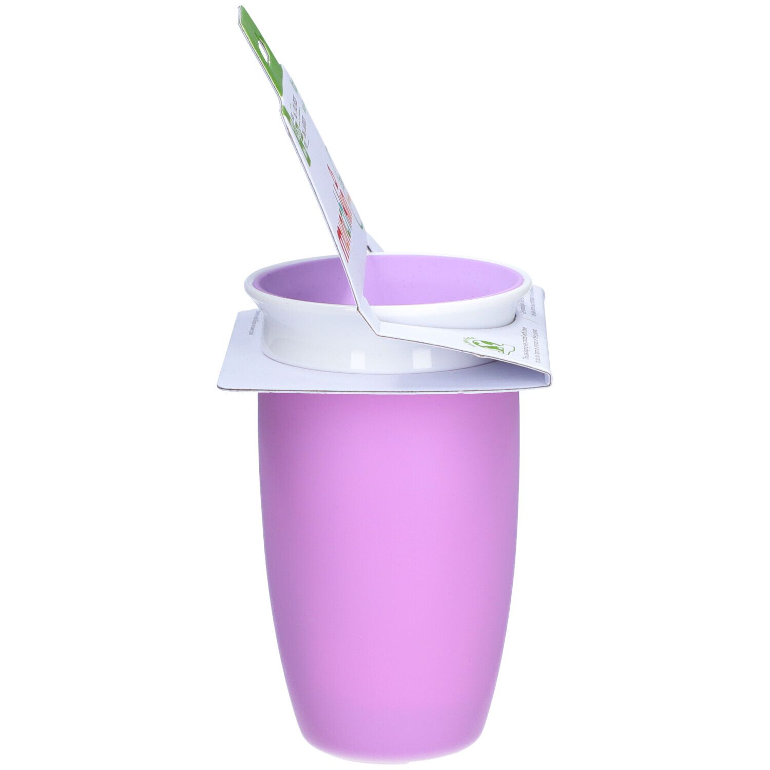 Gobelet violet avec couvercle blanc. Emballage partiellement visible. Nom du produit et informations sans BPA.