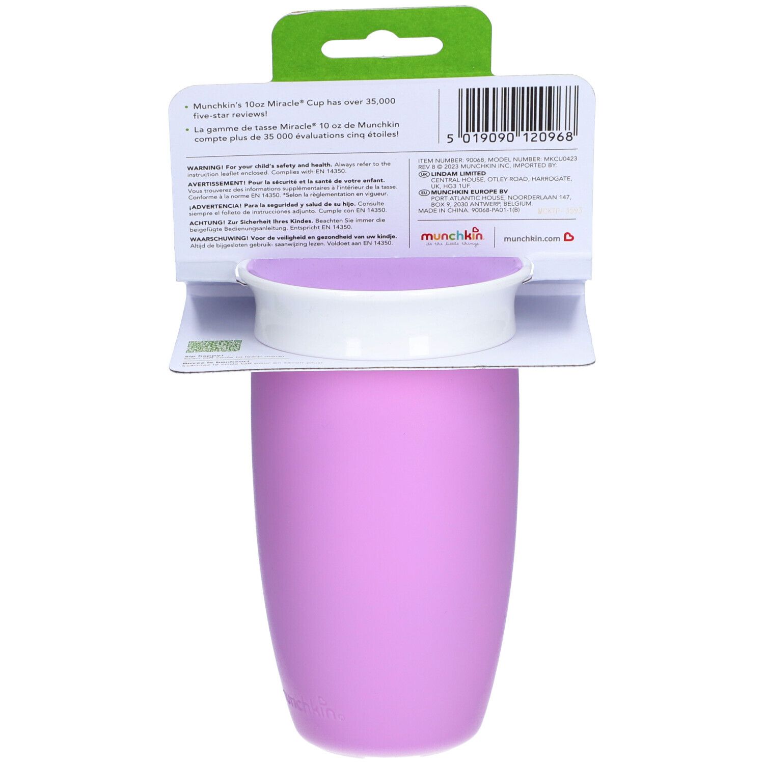 Gobelet violet avec couvercle blanc. Dos de l'emballage avec informations sur le produit et coordonnées du fabricant.