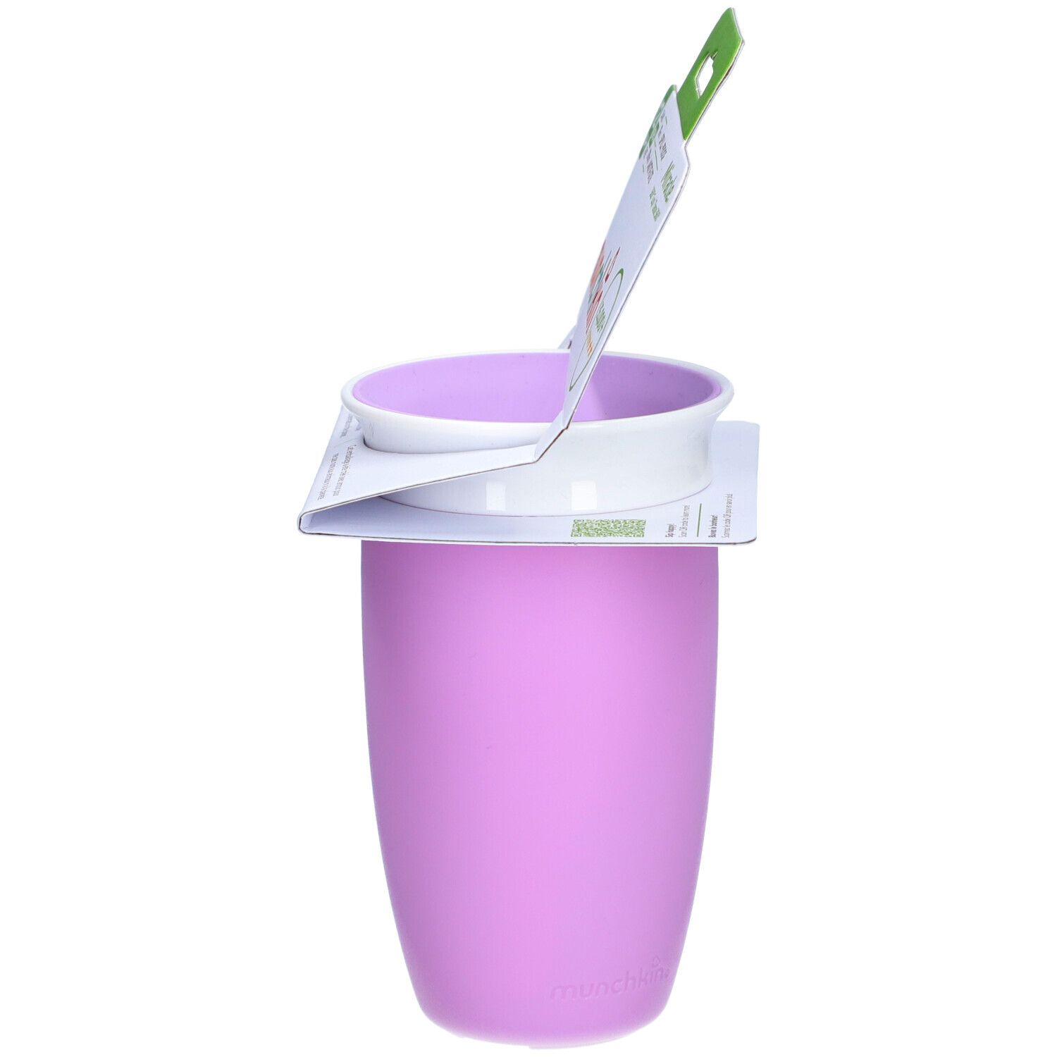 Gobelet violet avec couvercle blanc. Emballage partiellement visible. Nom du produit et informations sans BPA.