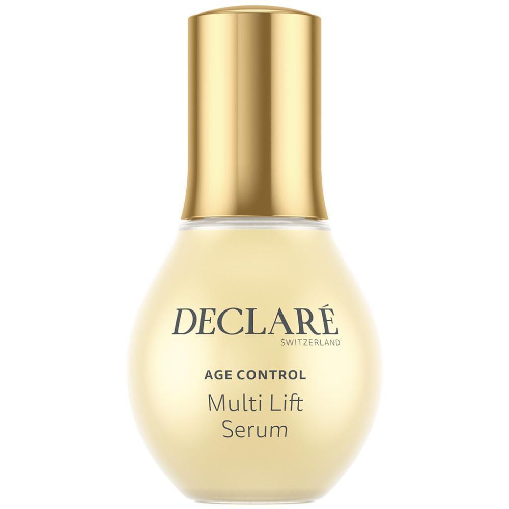 Flacon de sérum avec bouchon doré. Inscription : DECLARÉ, AGE CONTROL, Multi Lift Serum.