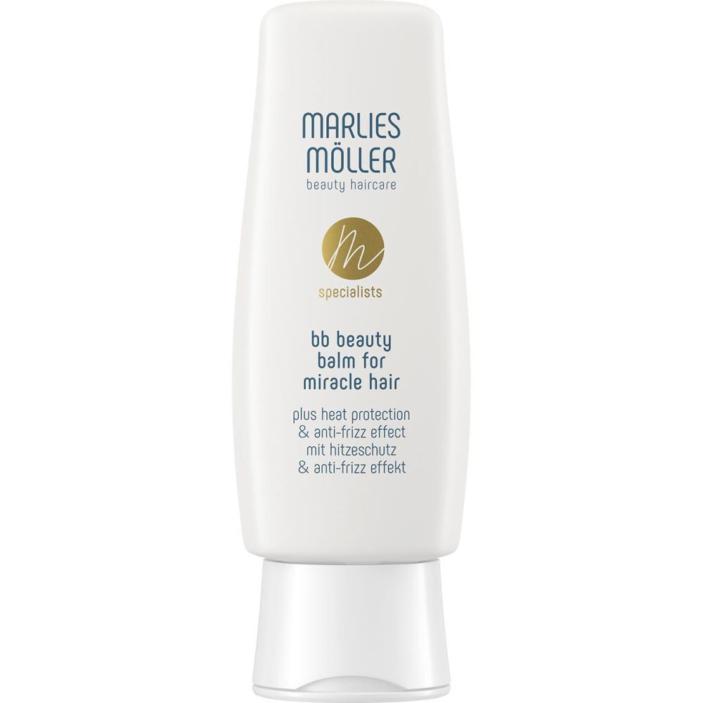 Tube blanche avec impression. Marlies Möller. BB Beauty Balm pour cheveux. Protection thermique et anti-frisottis.