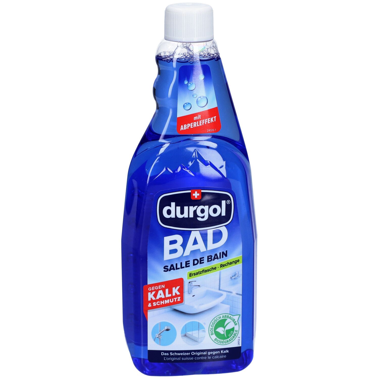 Bouteille bleue avec bouchon blanc. Inscription : durgol BAD, Salle de Bain, contre le calcaire et la saleté. Avec effet perlant.