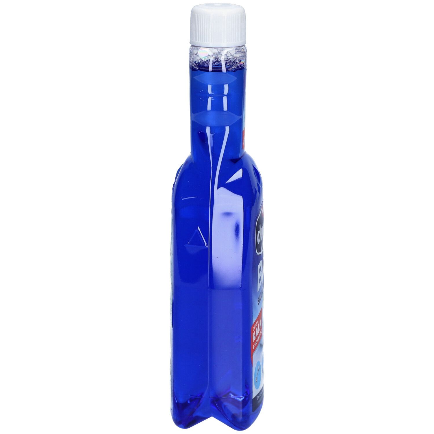 Bouteille bleue avec bouchon blanc, vue de côté. Inscription : durgol BAD. Avec effet perlant.