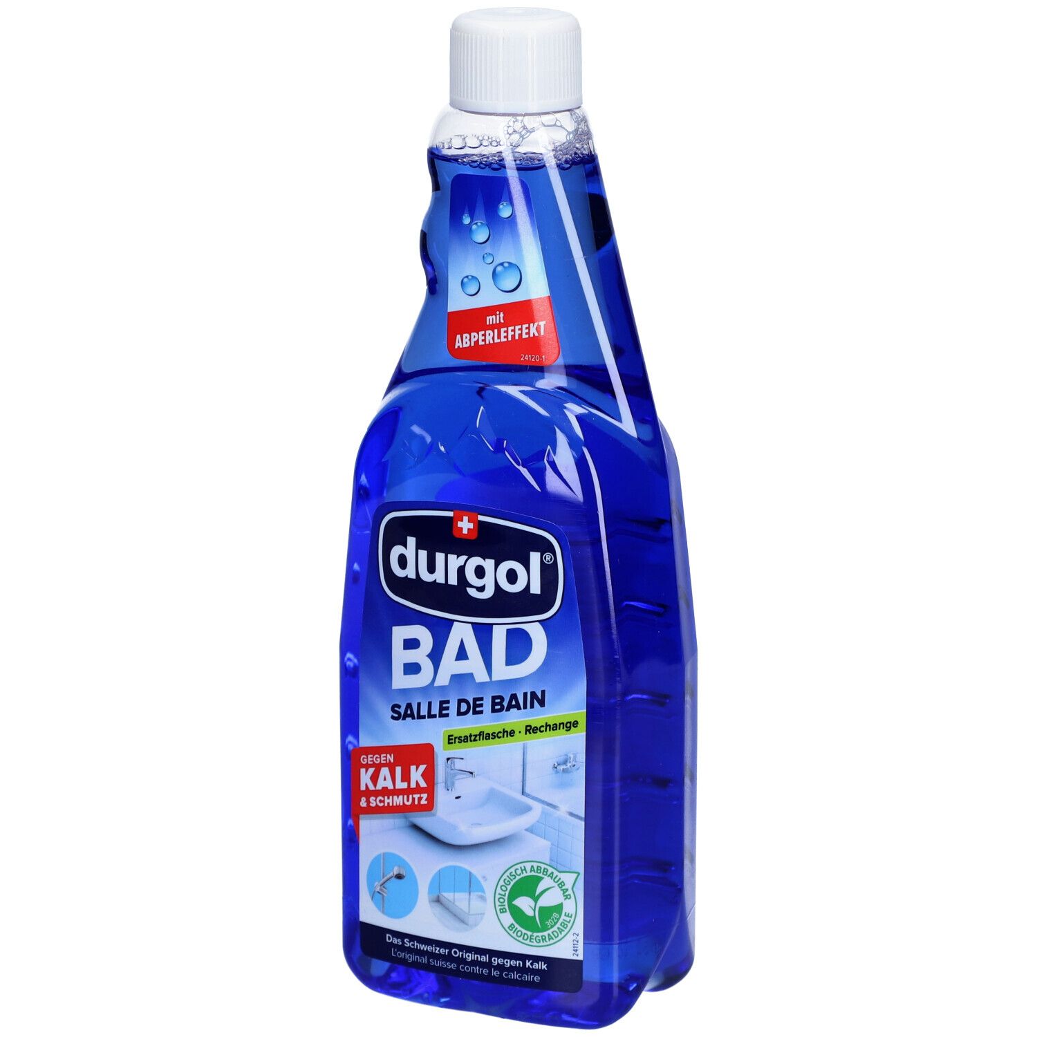 Bouteille bleue avec bouchon blanc. Inscription : durgol BAD, Salle de Bain, contre le calcaire et la saleté. Avec effet perlant.