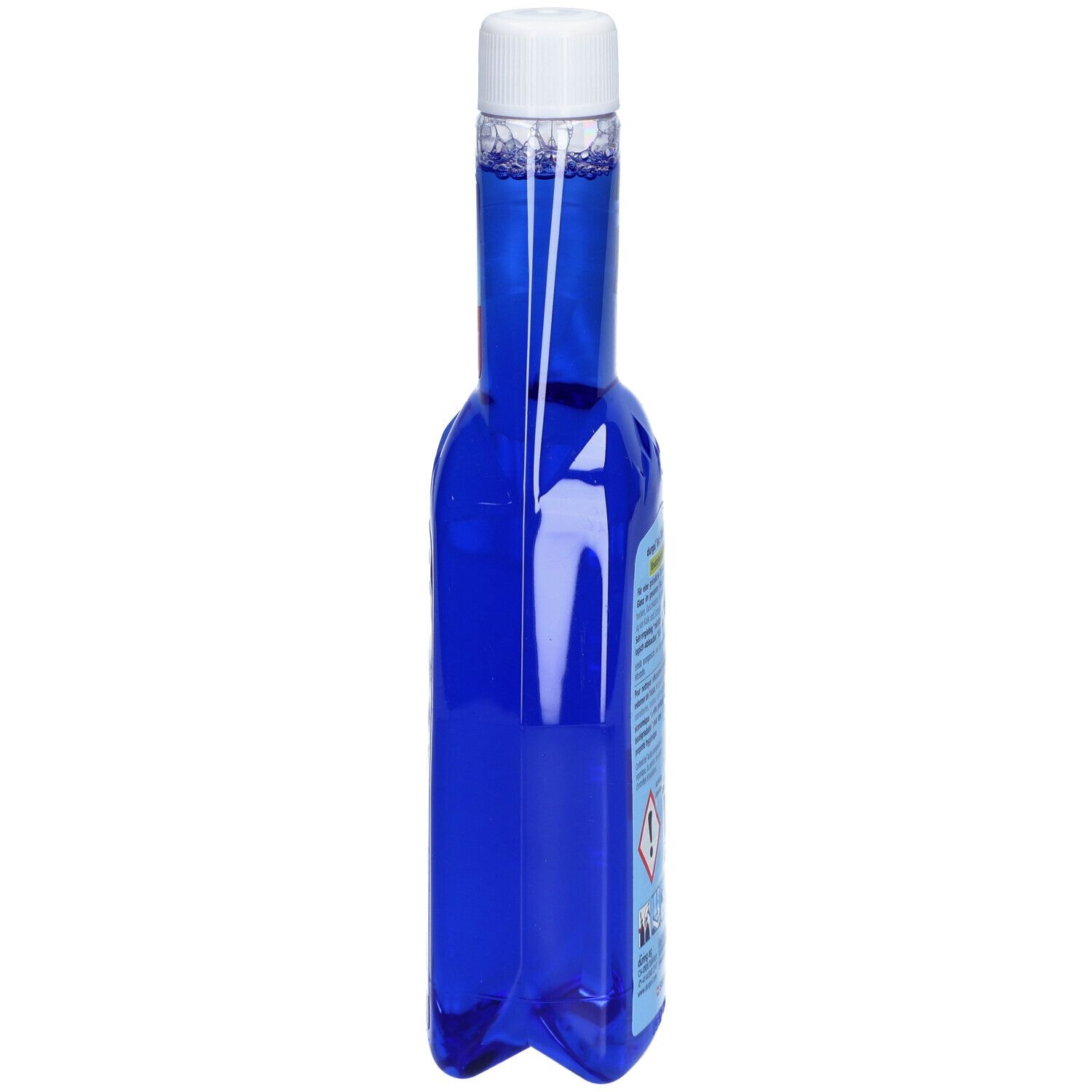 Bouteille bleue avec bouchon blanc, vue de côté. Inscription : durgol BAD. Avertissements.