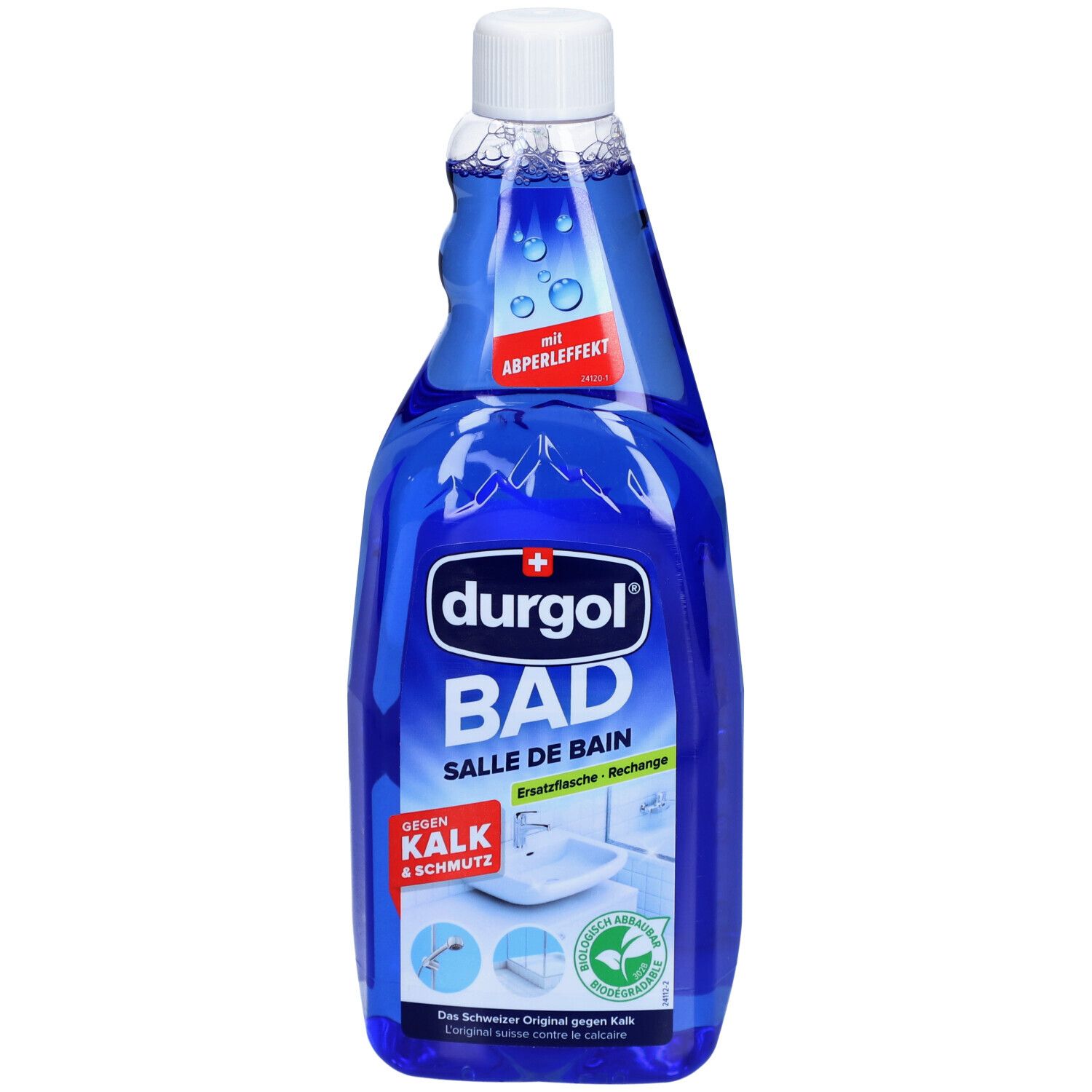 Bouteille bleue avec bouchon blanc. Inscription : durgol BAD, Salle de Bain, contre le calcaire et la saleté. Avec effet perlant.
