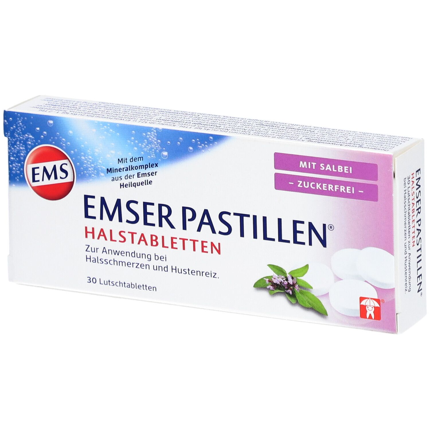 Boîte de pastilles Emser, 30 pastilles. Inscription : À la sauge, sans sucre. Logo : EMS.