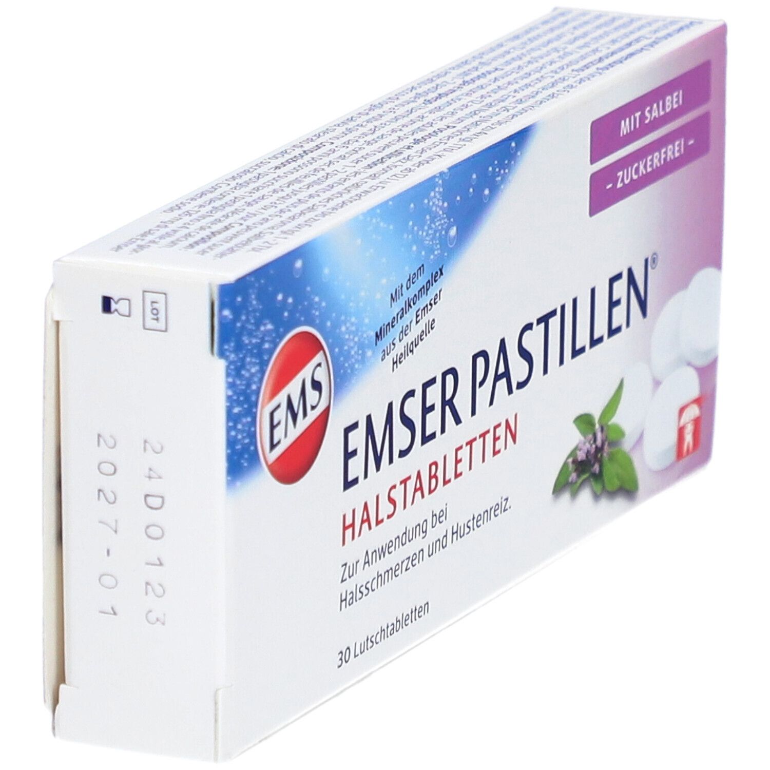 Boîte de pastilles Emser en biais. Inscription : À la sauge, sans sucre. Logo : EMS. 30 pastilles. Date.