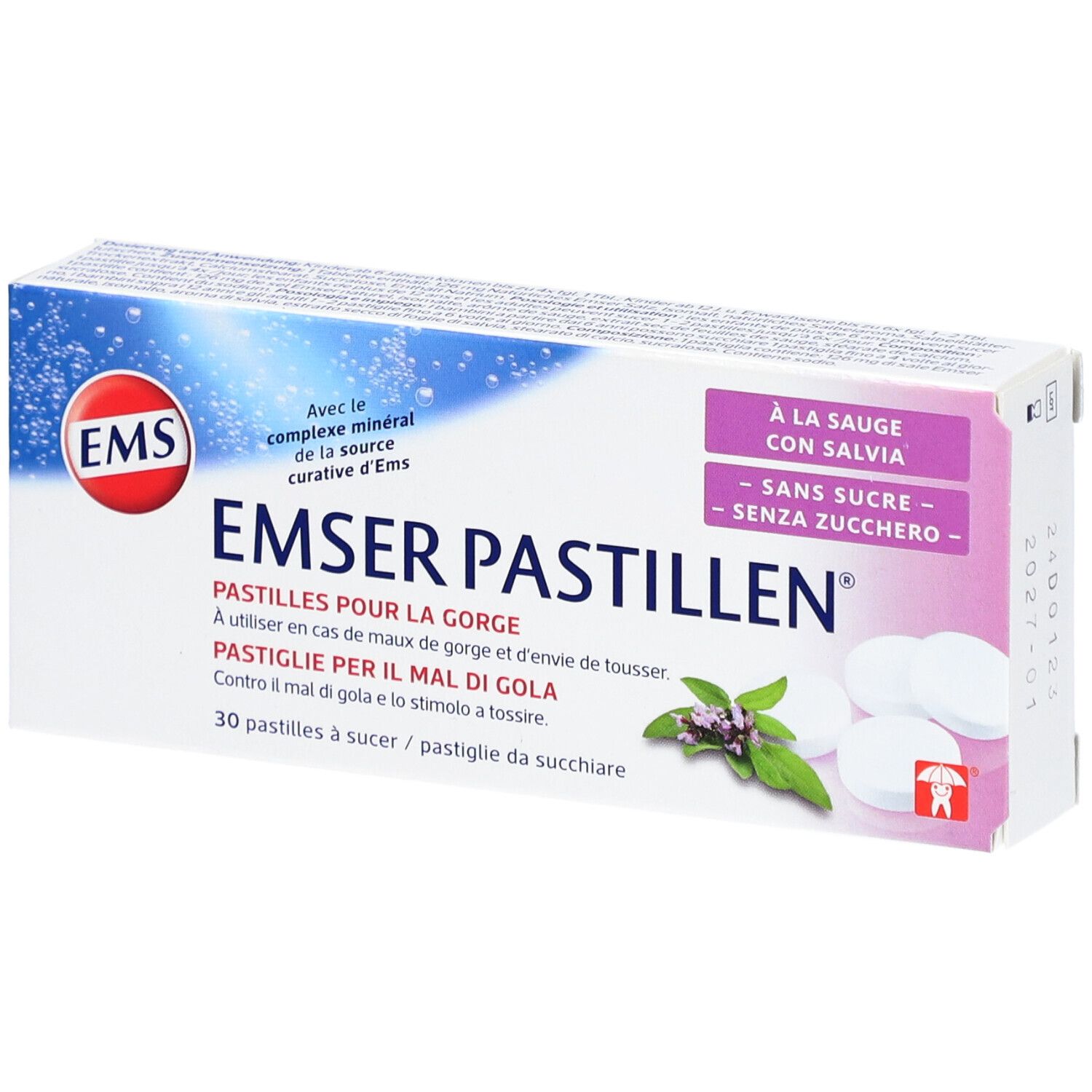 Boîte de pastilles Emser, 30 pastilles. Inscription : À la sauge, sans sucre. Logo : EMS. Texte en allemand, français, italien.