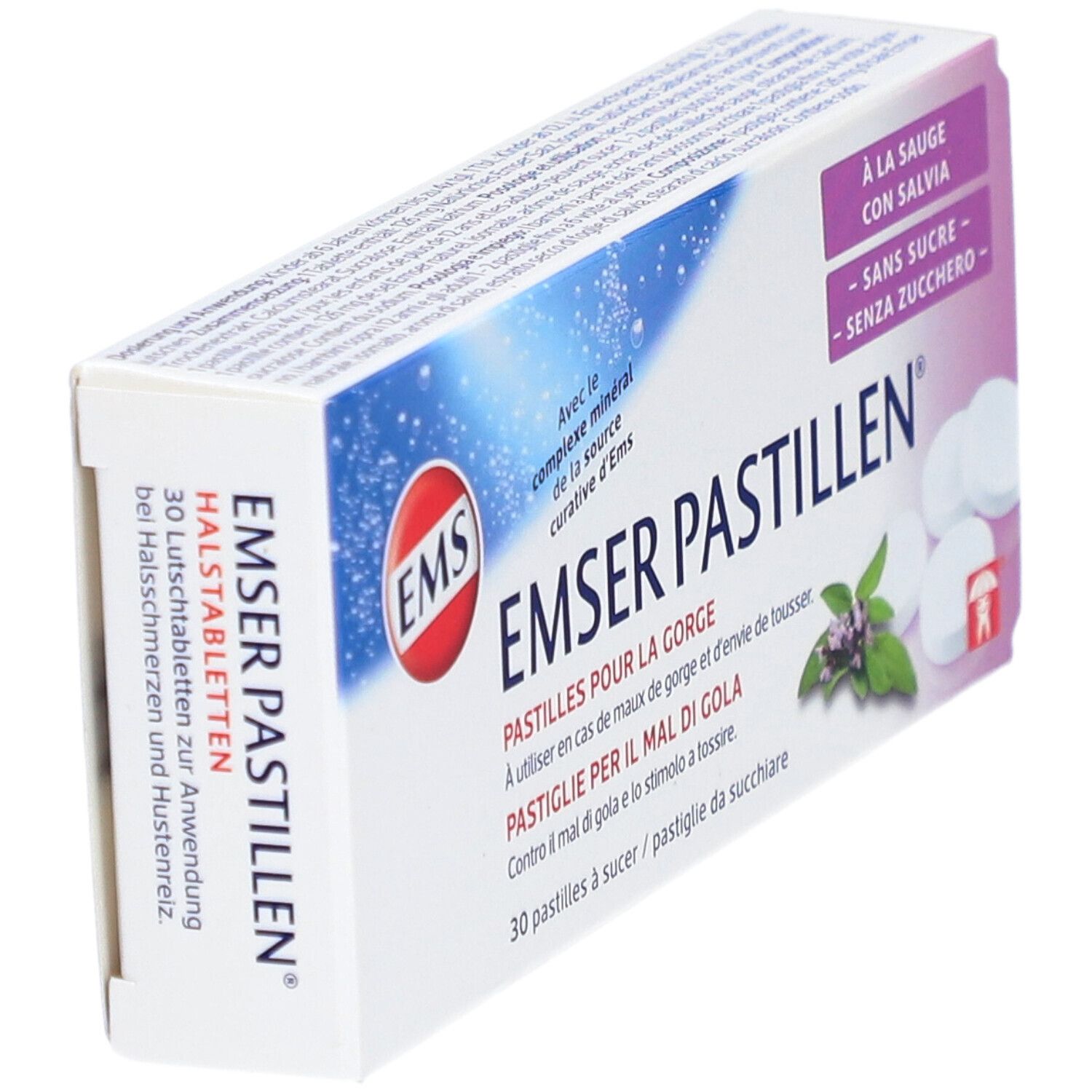Boîte de pastilles Emser en biais. Inscription : À la sauge, sans sucre. Logo : EMS. Texte en allemand, français, italien.