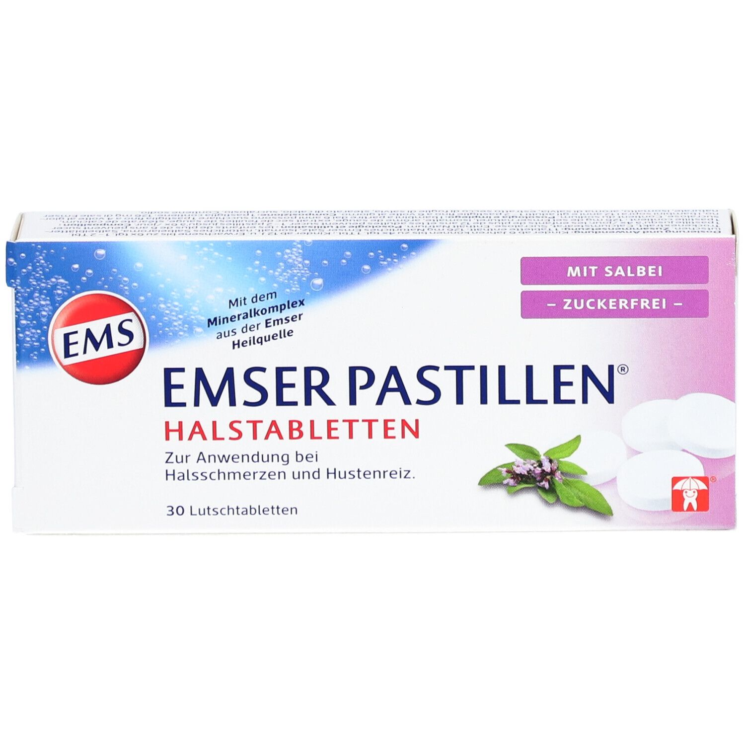 Boîte de pastilles Emser, 30 pastilles. Inscription : À la sauge, sans sucre. Logo : EMS.