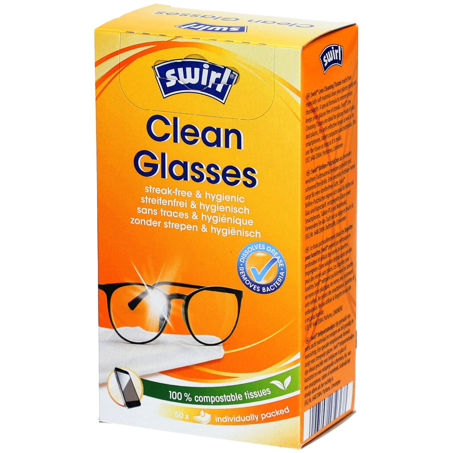 Boîte SWIRL® Clean Glasses. Orange, avec nom du produit et image de lunettes. Contient des lingettes 100% compostables.