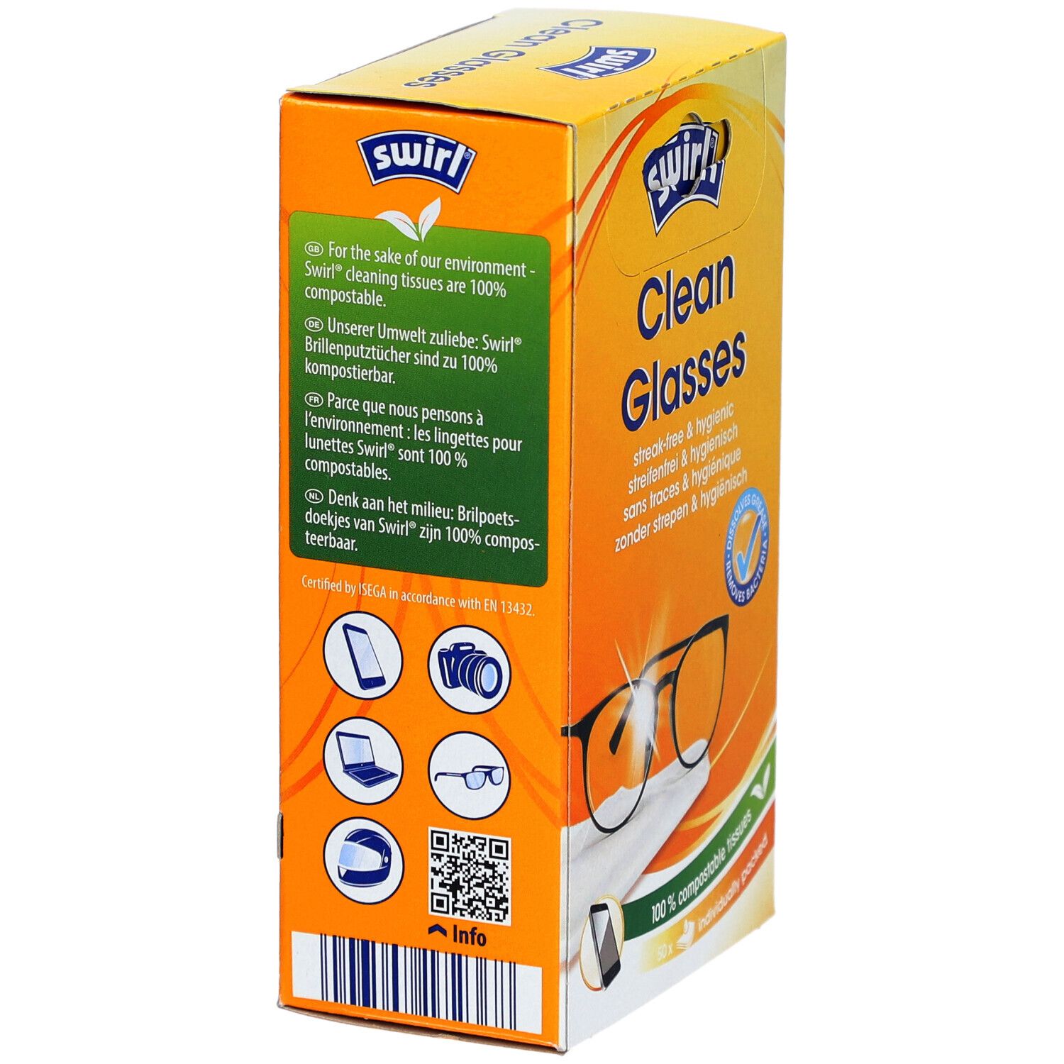 Vue latérale de la boîte SWIRL® Clean Glasses. Texte sur l'éco-responsabilité et logos. Contient des icônes d'appareils.