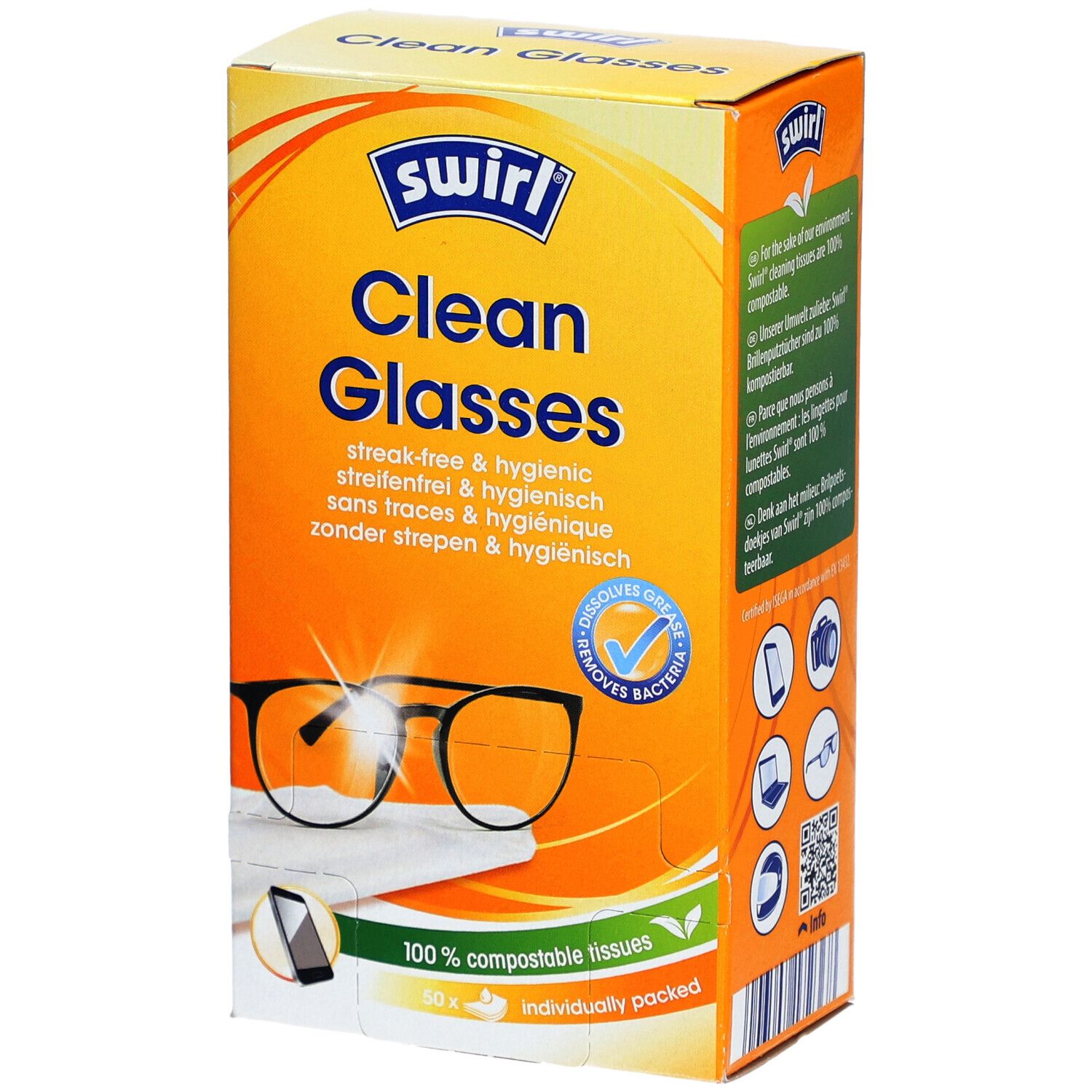 Boîte SWIRL® Clean Glasses. Orange, avec nom du produit et image de lunettes. Contient des lingettes 100% compostables.