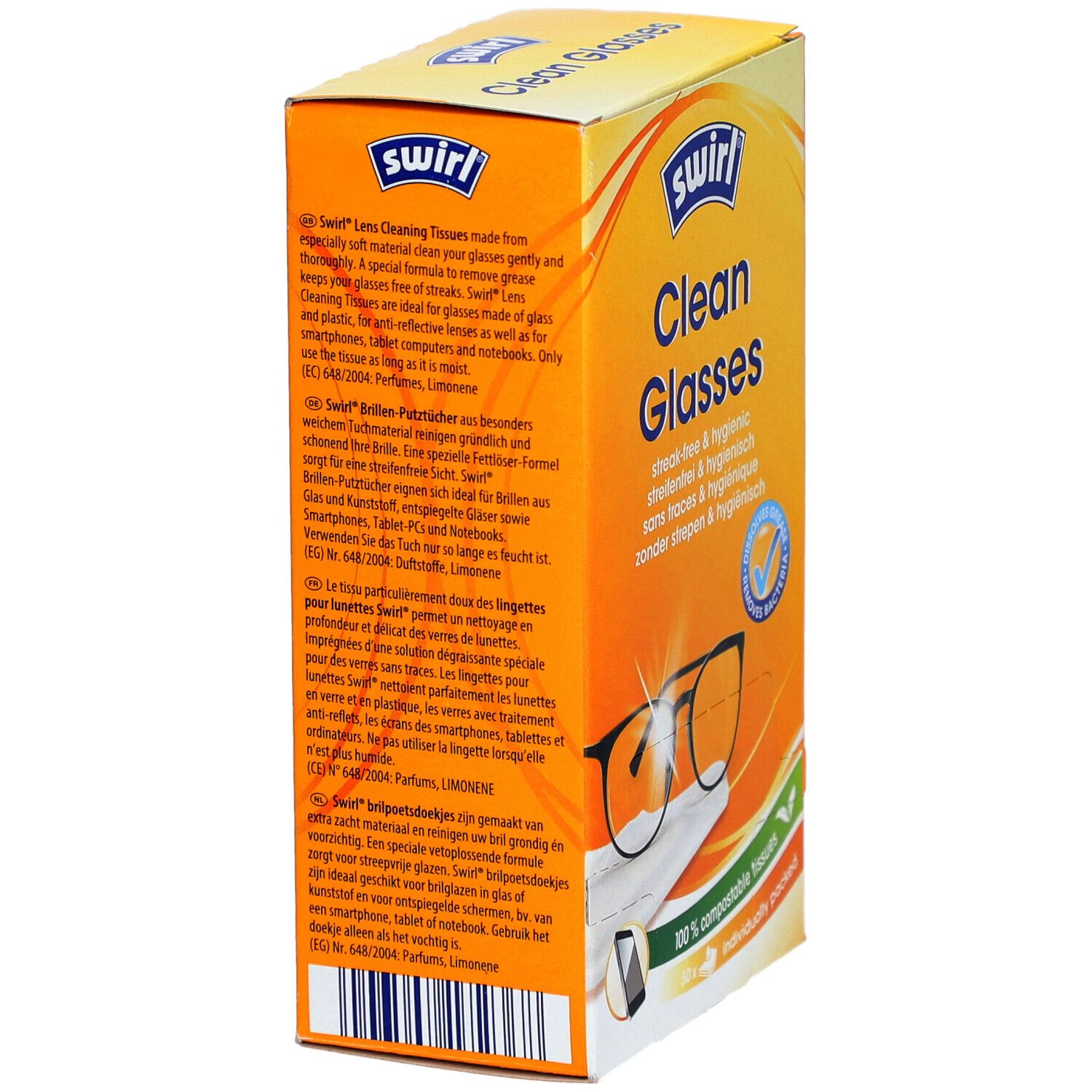 Vue latérale de la boîte SWIRL® Clean Glasses. Texte multilingue. Contient des informations sur les ingrédients et l'utilisation.