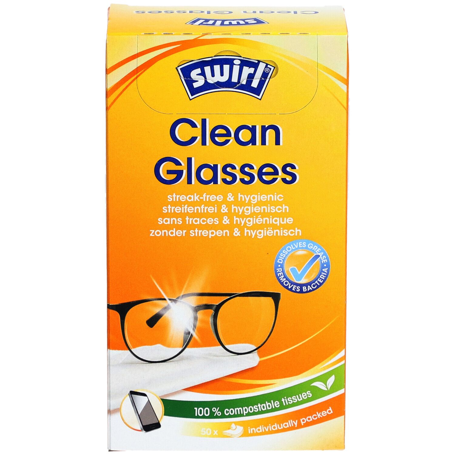 Boîte SWIRL® Clean Glasses. Orange, avec nom du produit et image de lunettes. Contient des lingettes 100% compostables.