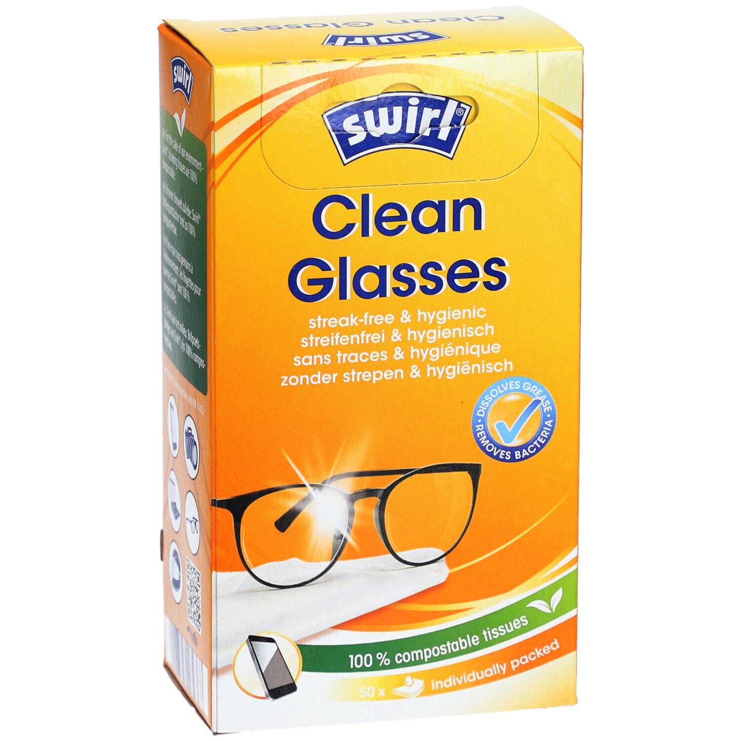 Boîte SWIRL® Clean Glasses. Orange, avec nom du produit et image de lunettes. Contient des lingettes 100% compostables.